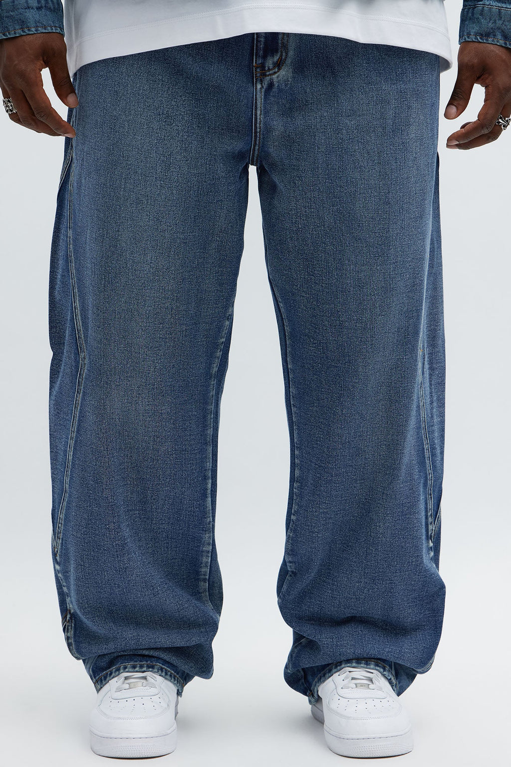 Baggy Faded Paneled Jeans - Medium Blue Wash