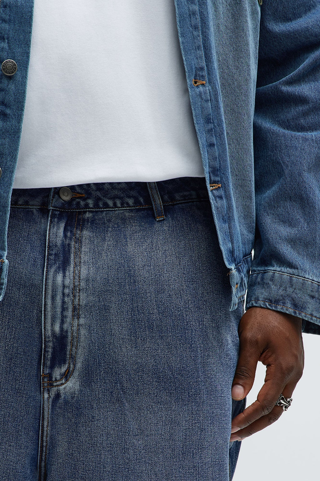 Baggy Faded Paneled Jeans - Medium Blue Wash