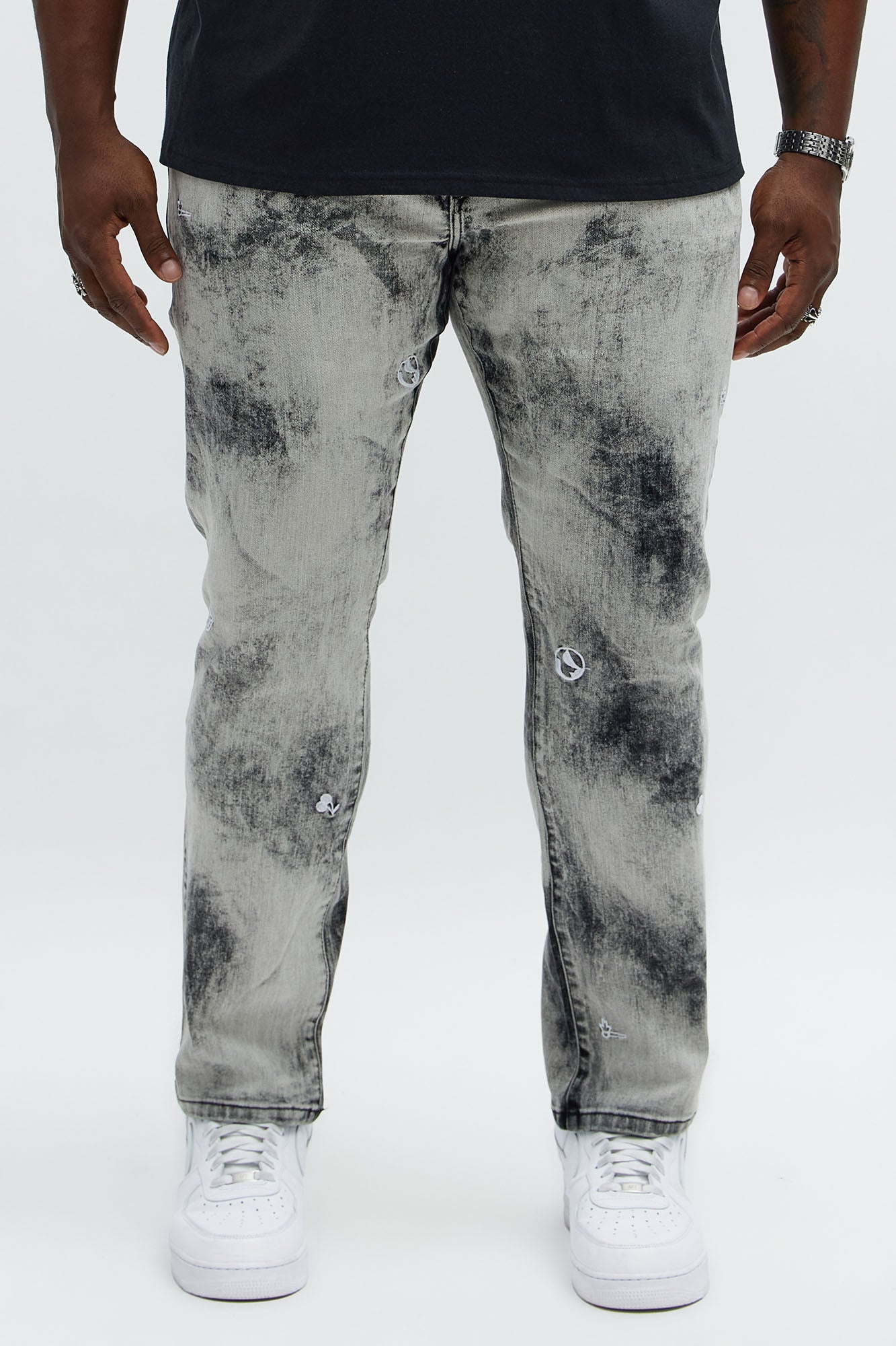 Skinny Fade Embroidered Bleached Jeans - Black/Smoke