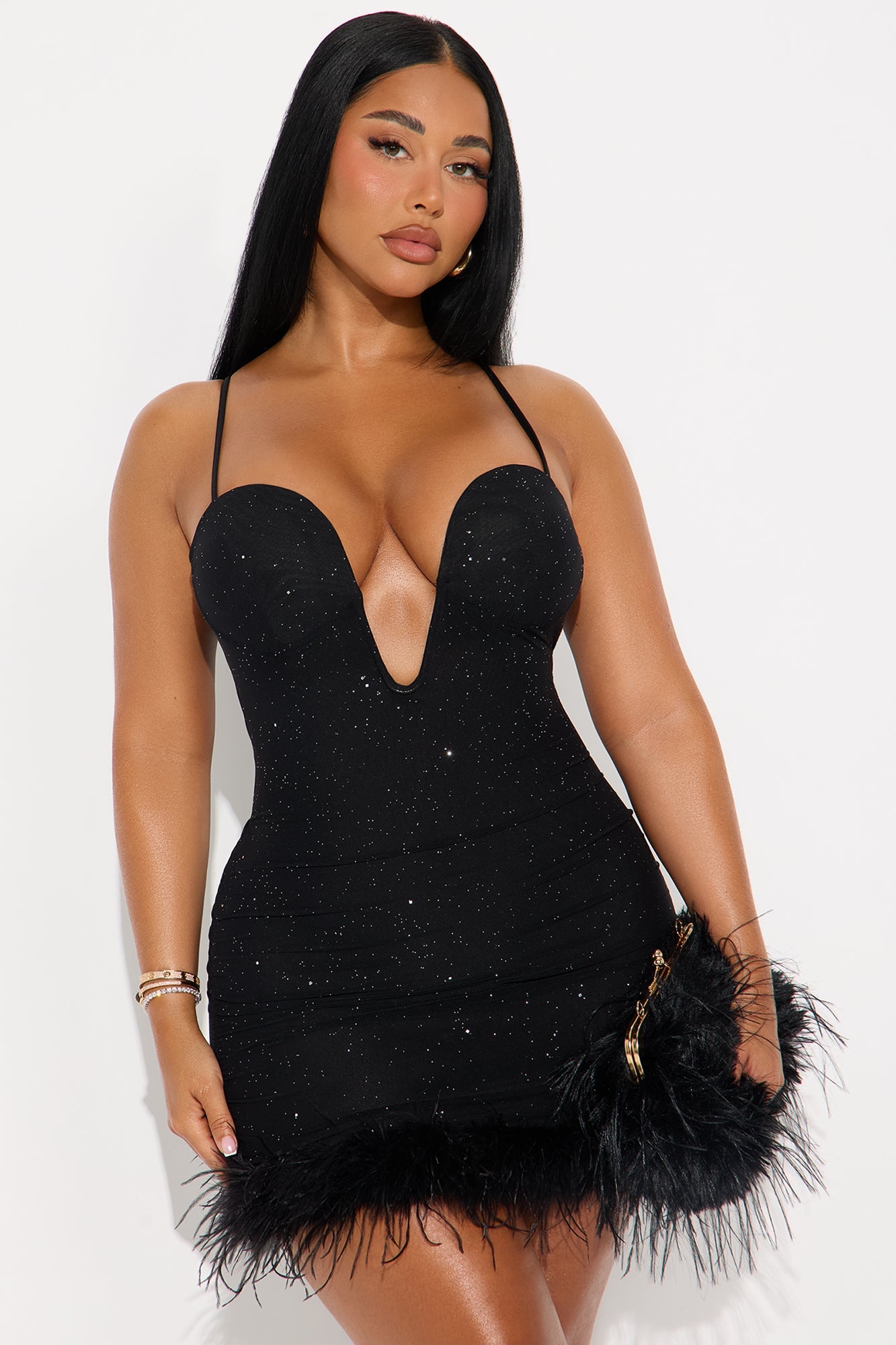 Isadora Feather Glitter Mesh Micro Mini Dress - Black