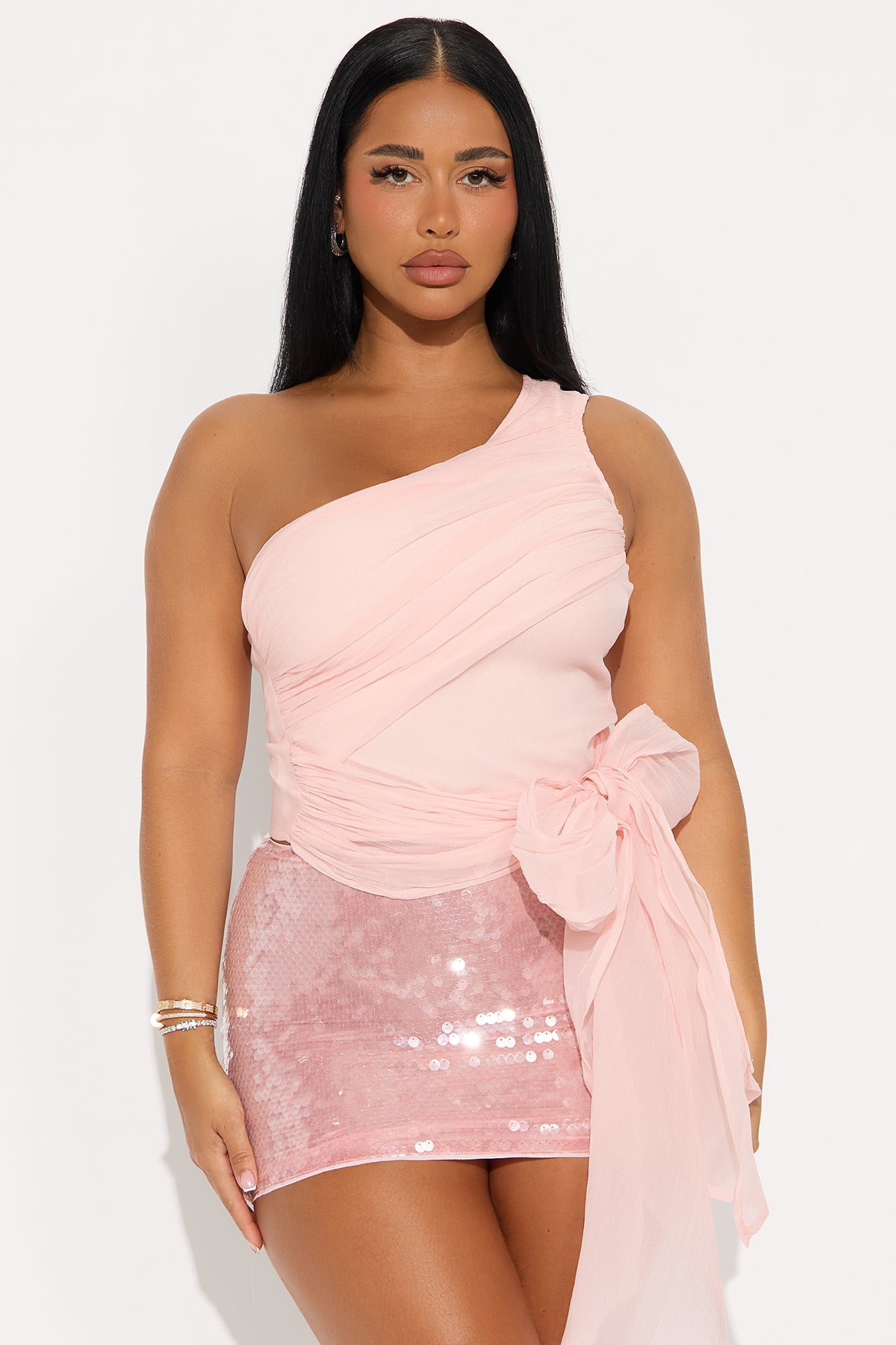 Yasmin One Shoulder Chiffon Top - Blush