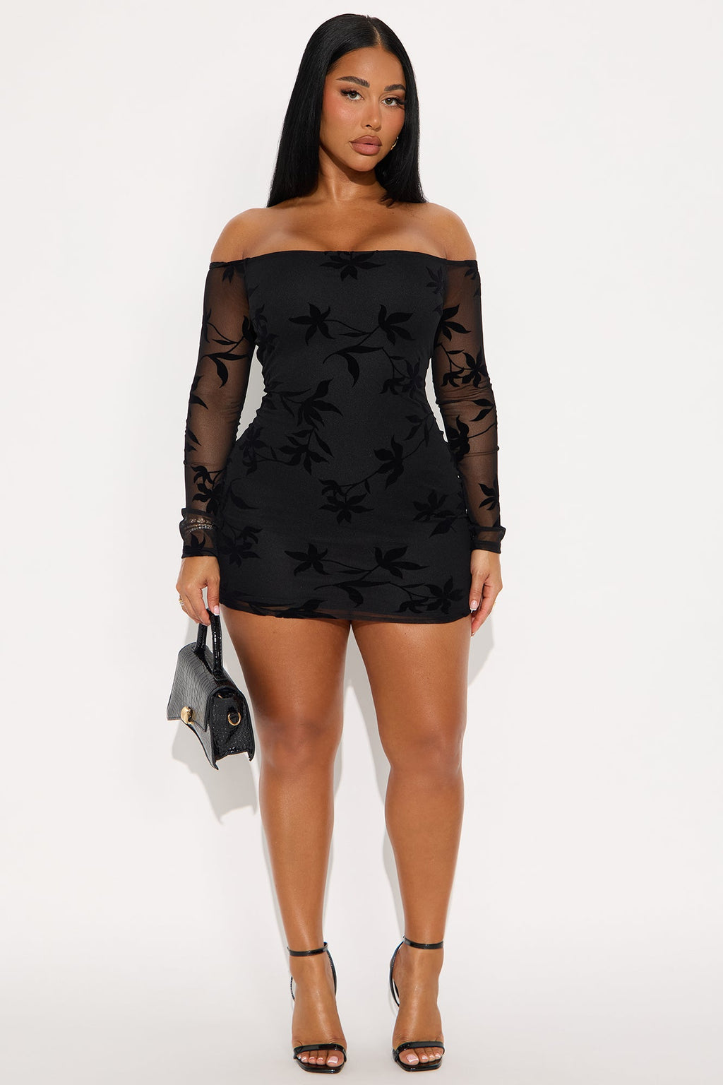 Imani Flocked Mesh Mini Dress - Black