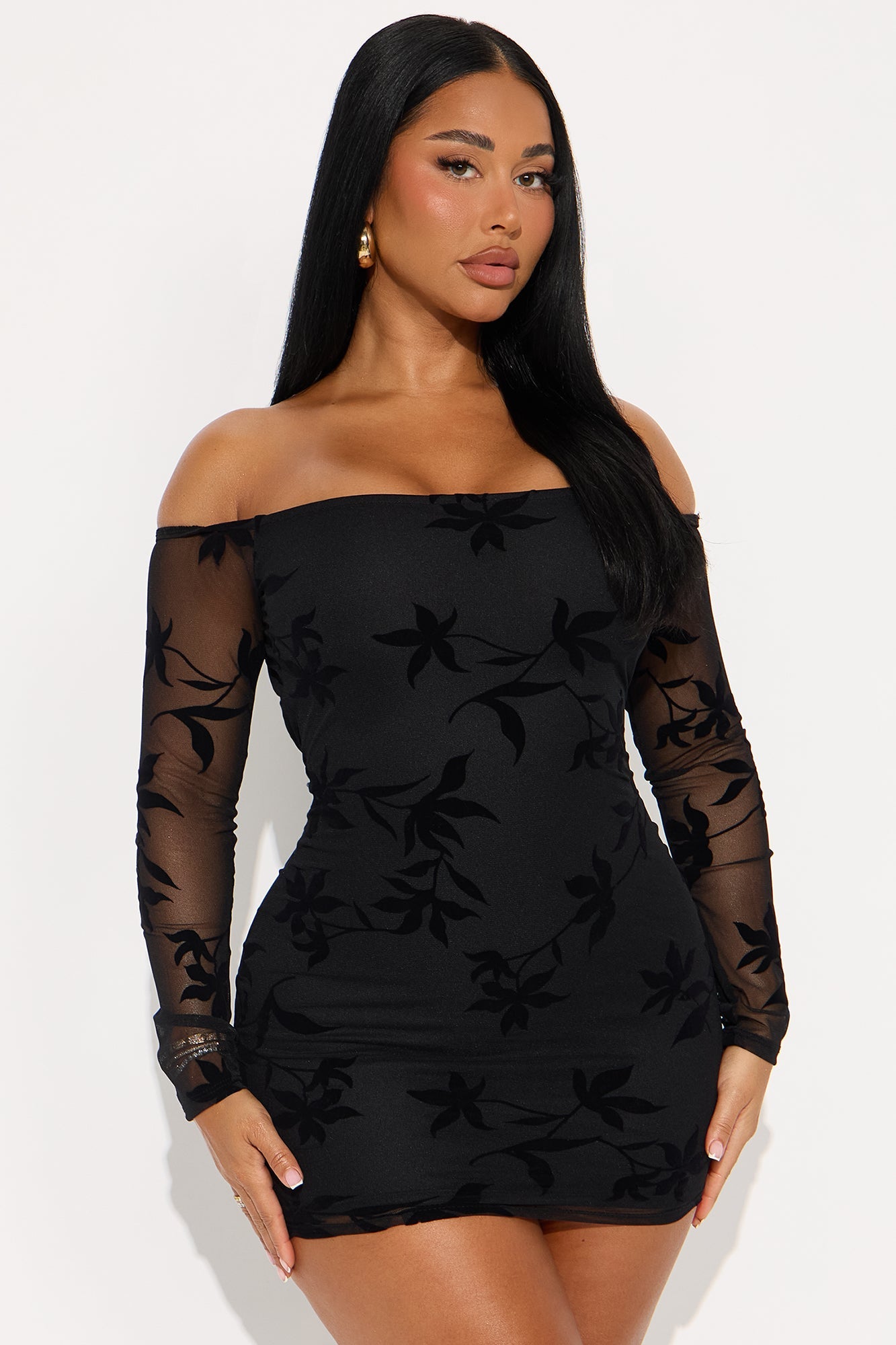 Imani Flocked Mesh Mini Dress - Black