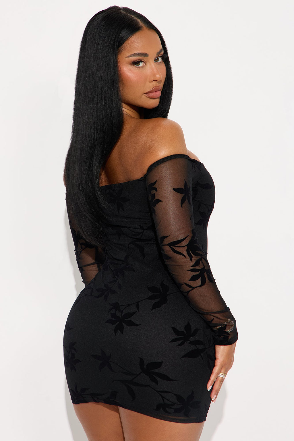 Imani Flocked Mesh Mini Dress - Black