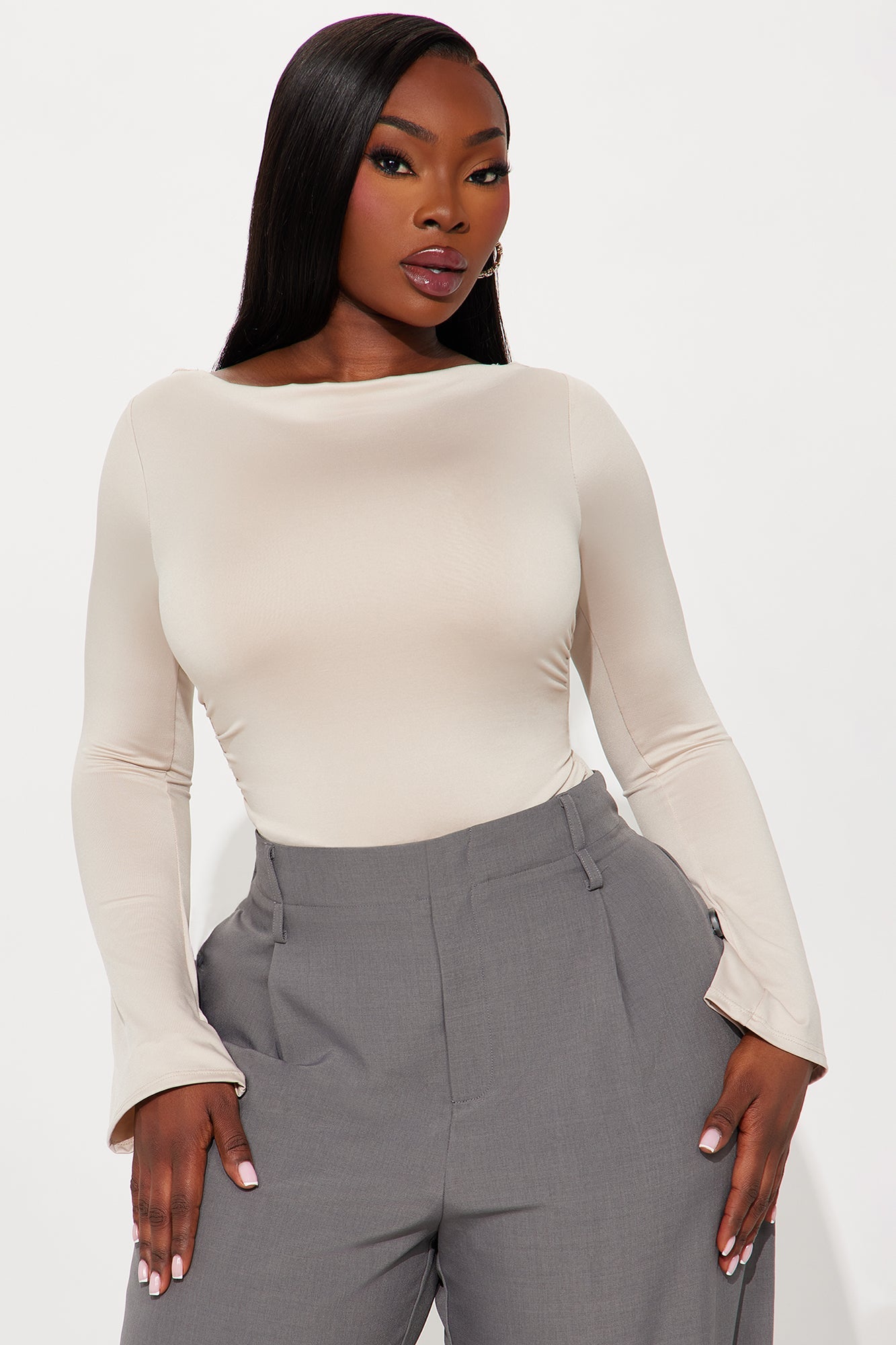 Edna Cowled Back Boat Neck Bodysuit - Stone