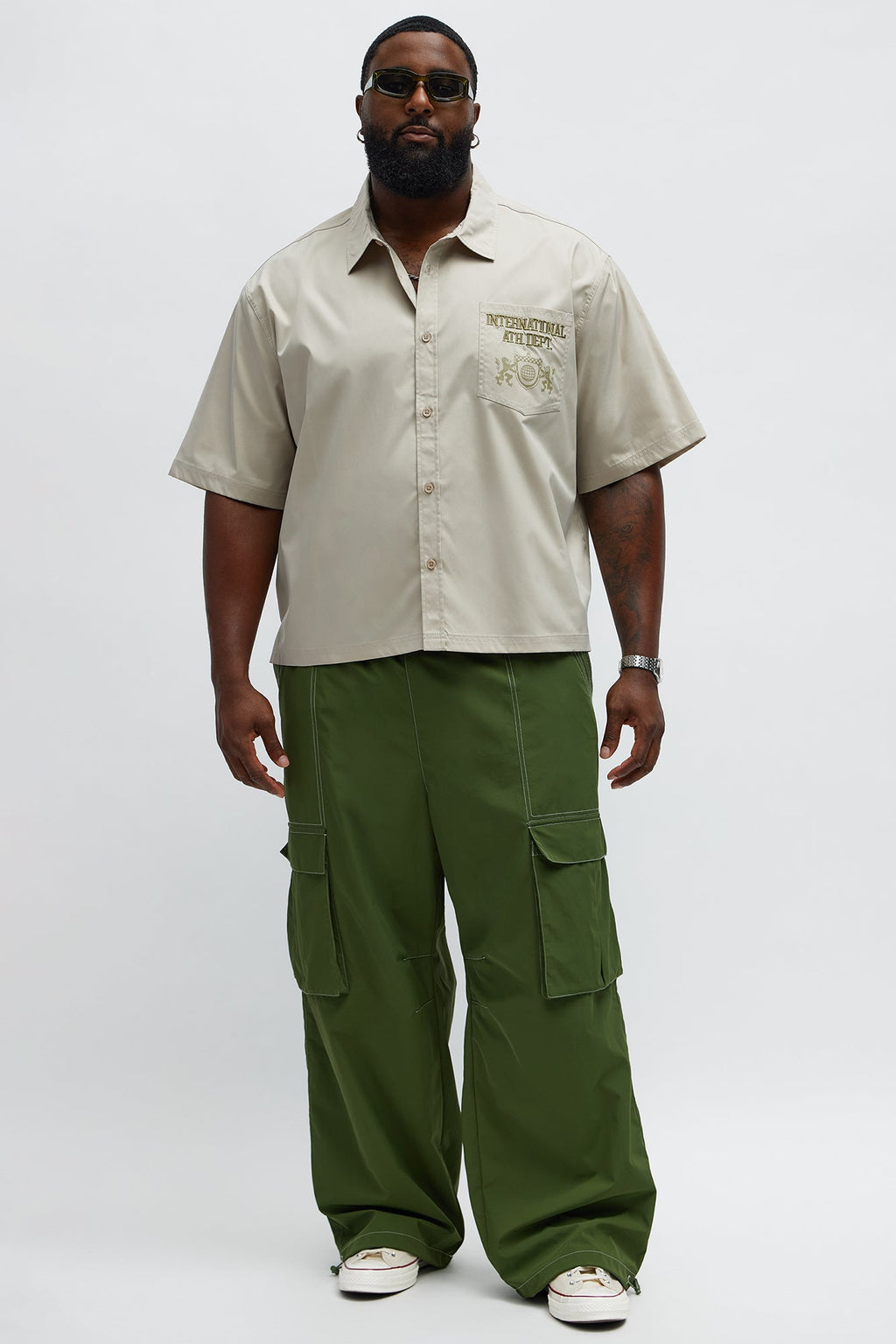 Cropped Athletic Dept. Short Sleeve Button Up Shirt - Khaki