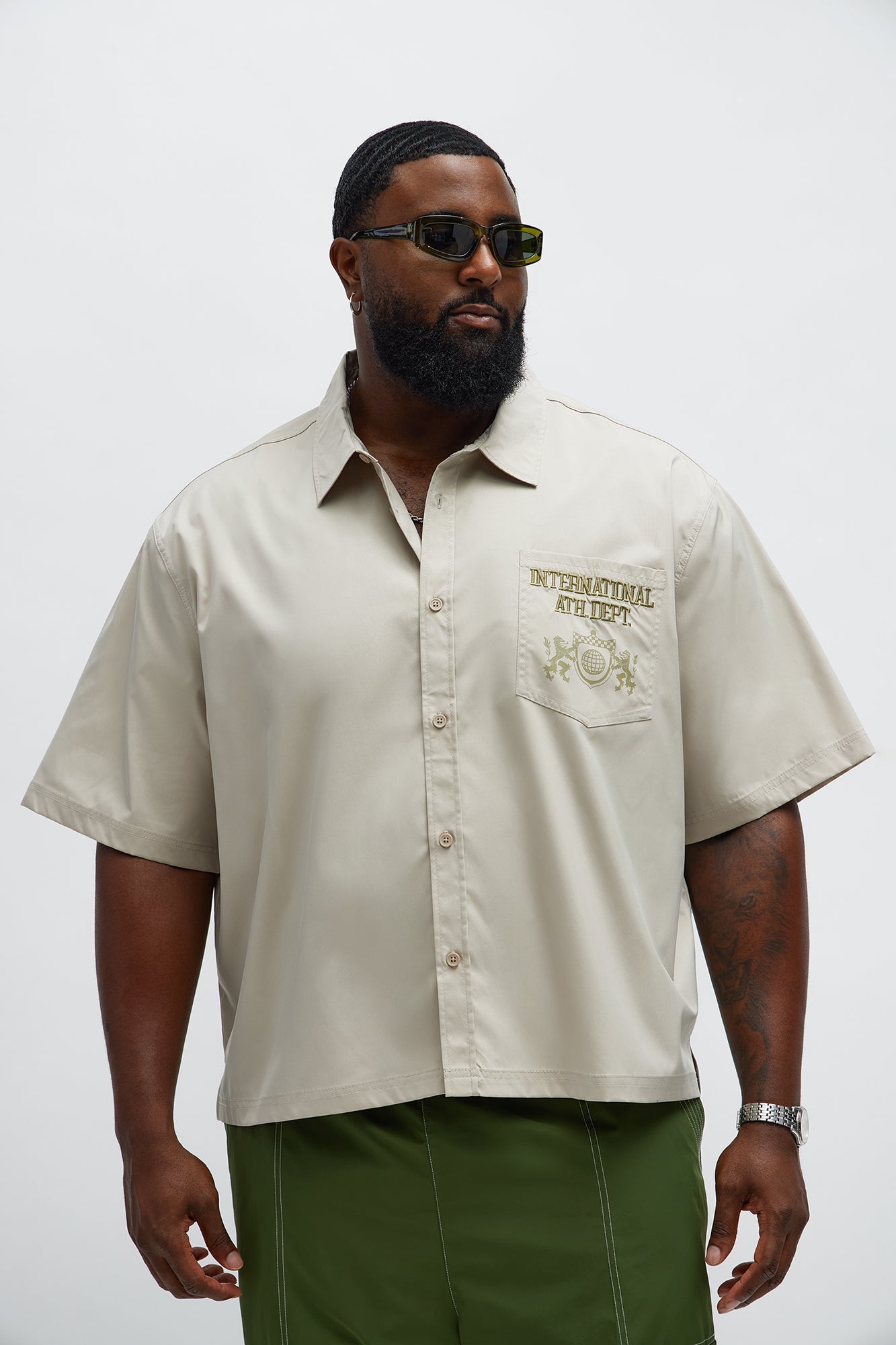 Cropped Athletic Dept. Short Sleeve Button Up Shirt - Khaki