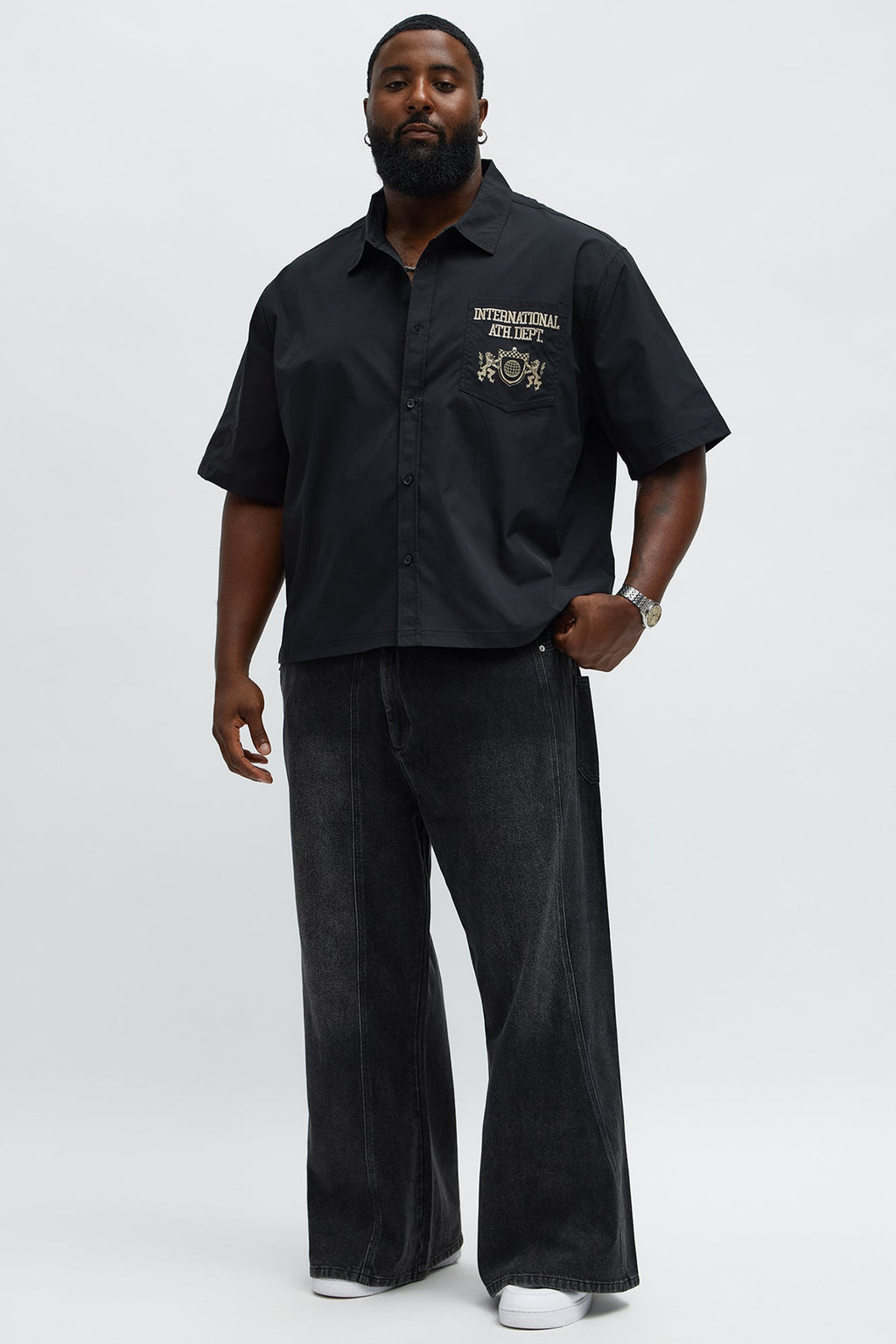 Cropped Athletic Dept. Short Sleeve Button Up Shirt - Black