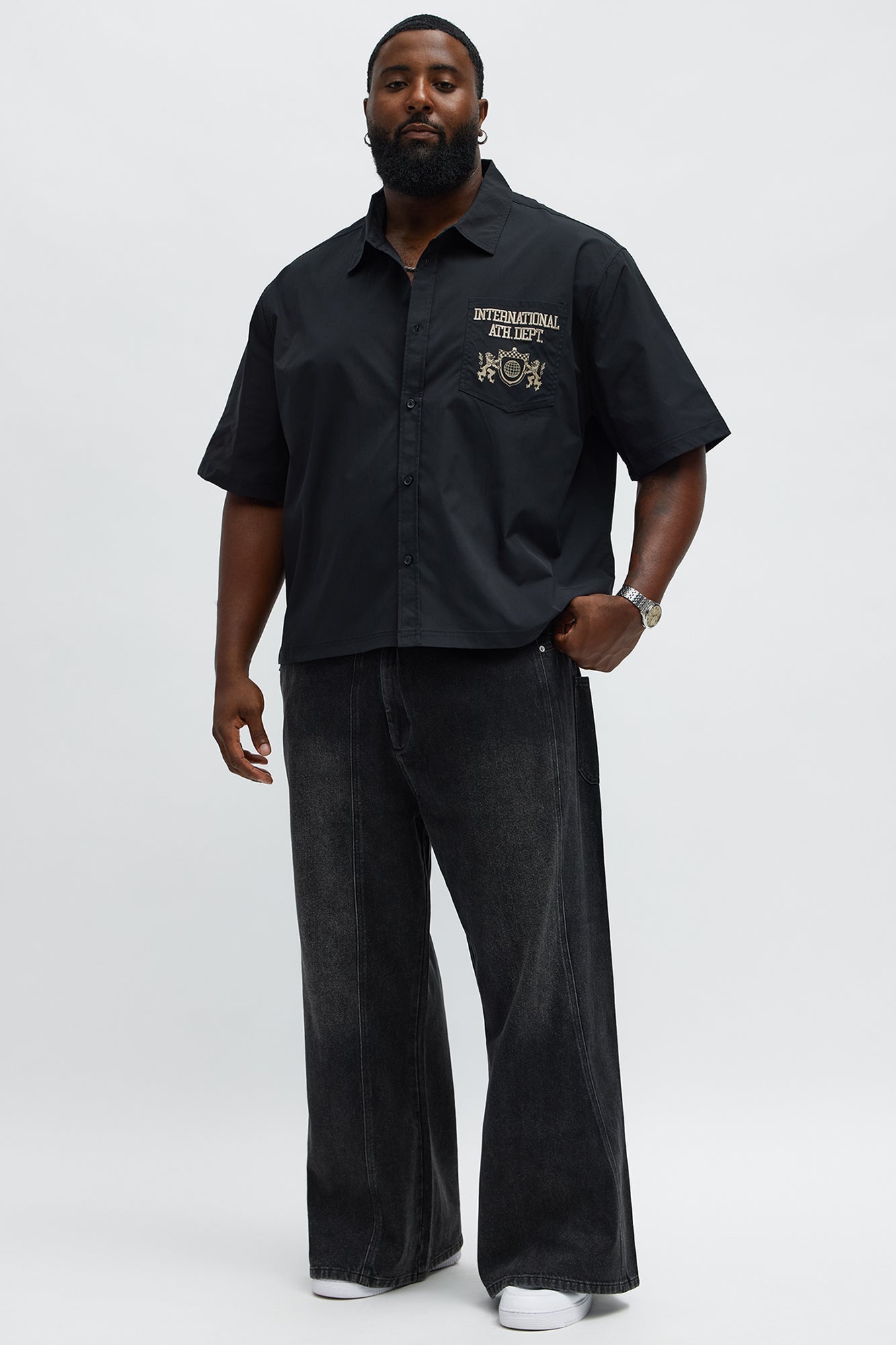 Cropped Athletic Dept. Short Sleeve Button Up Shirt - Black