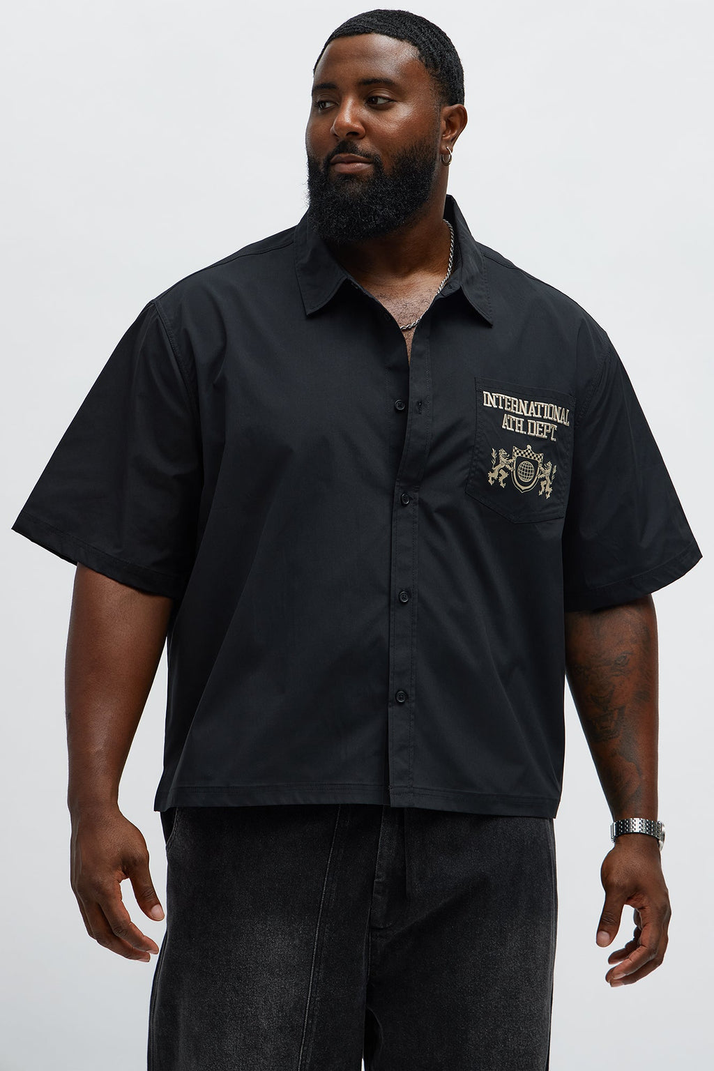 Cropped Athletic Dept. Short Sleeve Button Up Shirt - Black