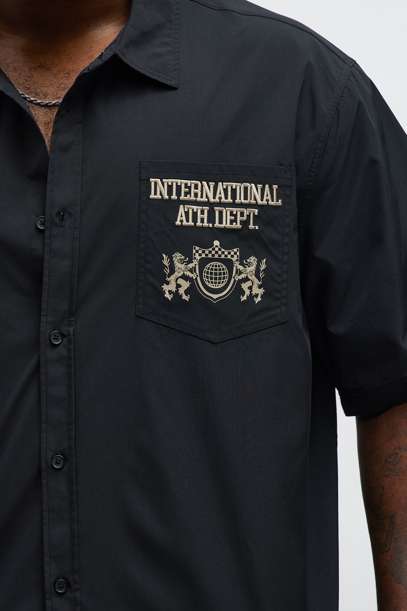 Cropped Athletic Dept. Short Sleeve Button Up Shirt - Black