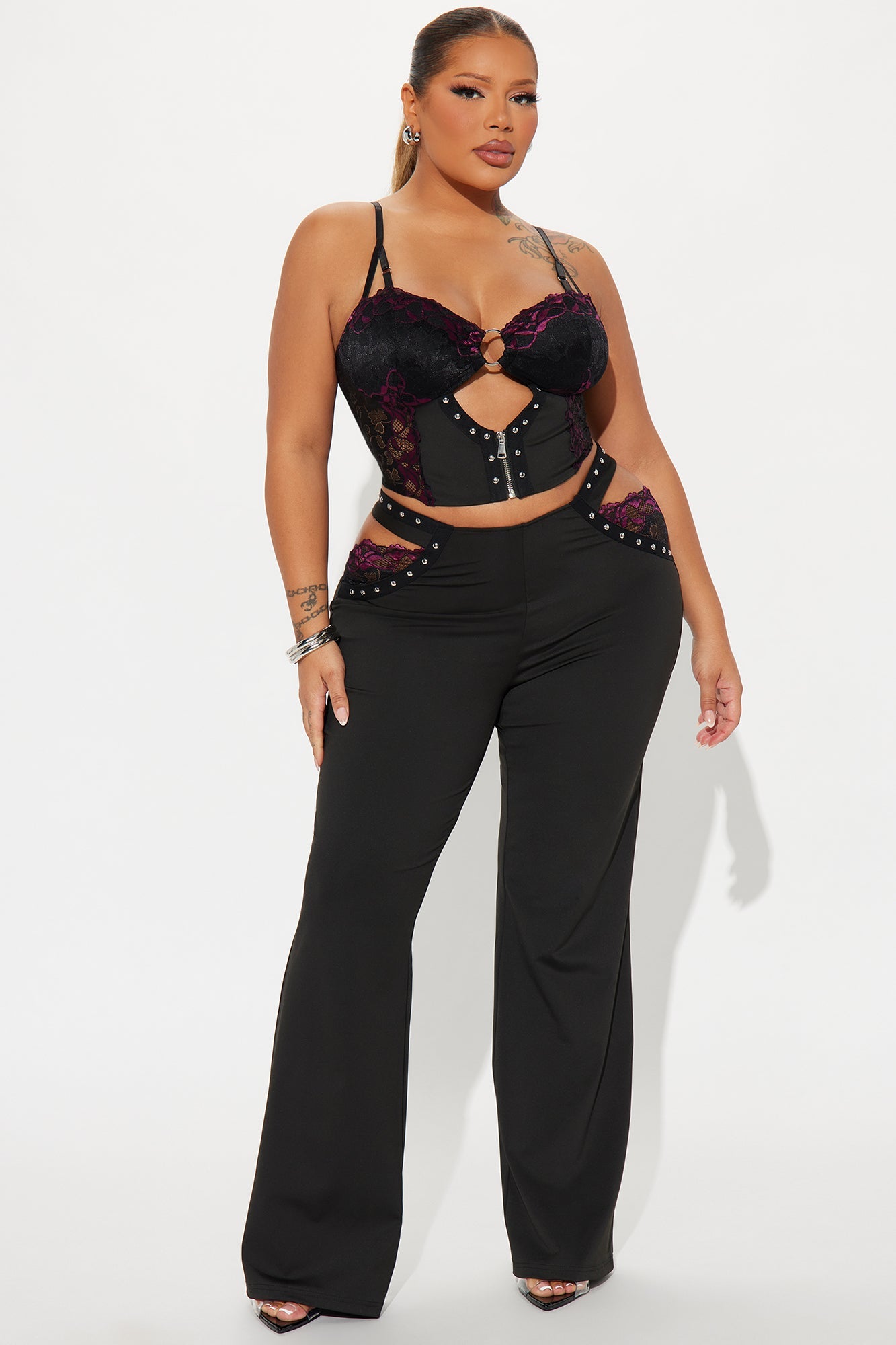 Diva Lace Flare Leg Pant Set - Black