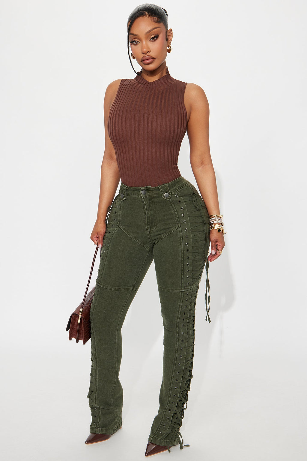 After Hours Lace Up Flare Pant - Olive