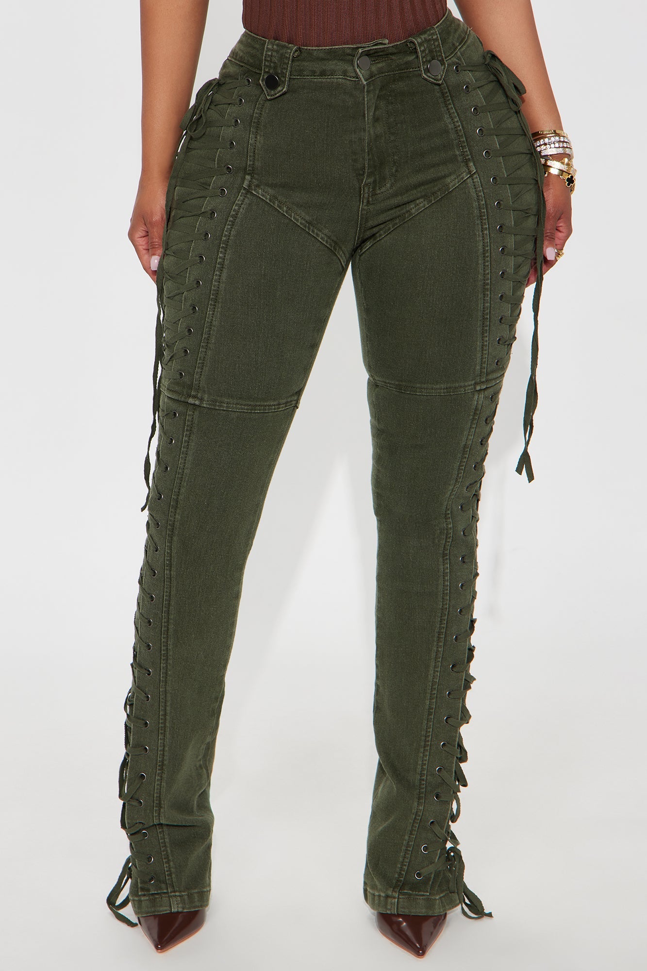 After Hours Lace Up Flare Pant - Olive