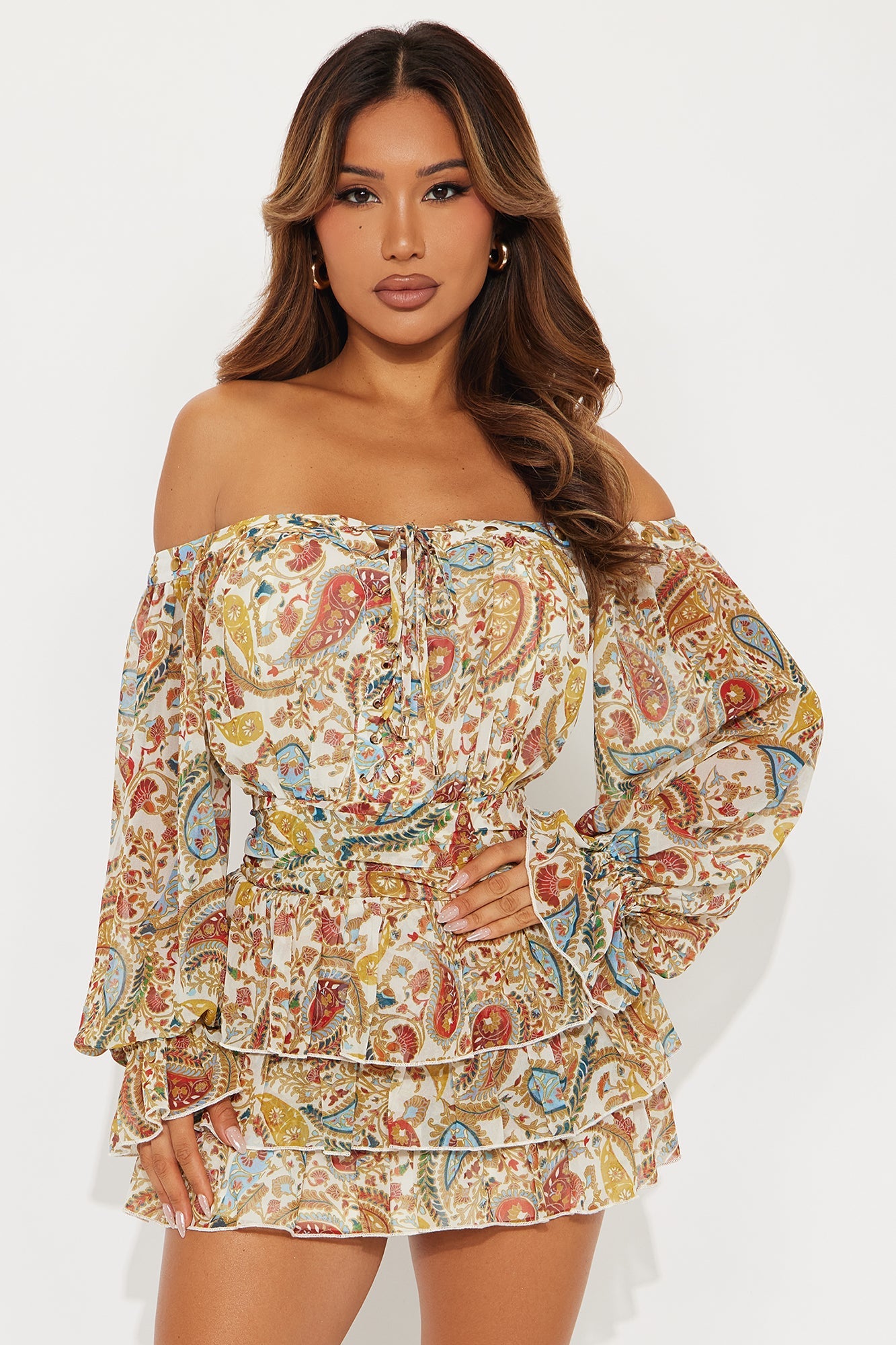 Boho Aura Ruffle Mini Dress - Brown/combo