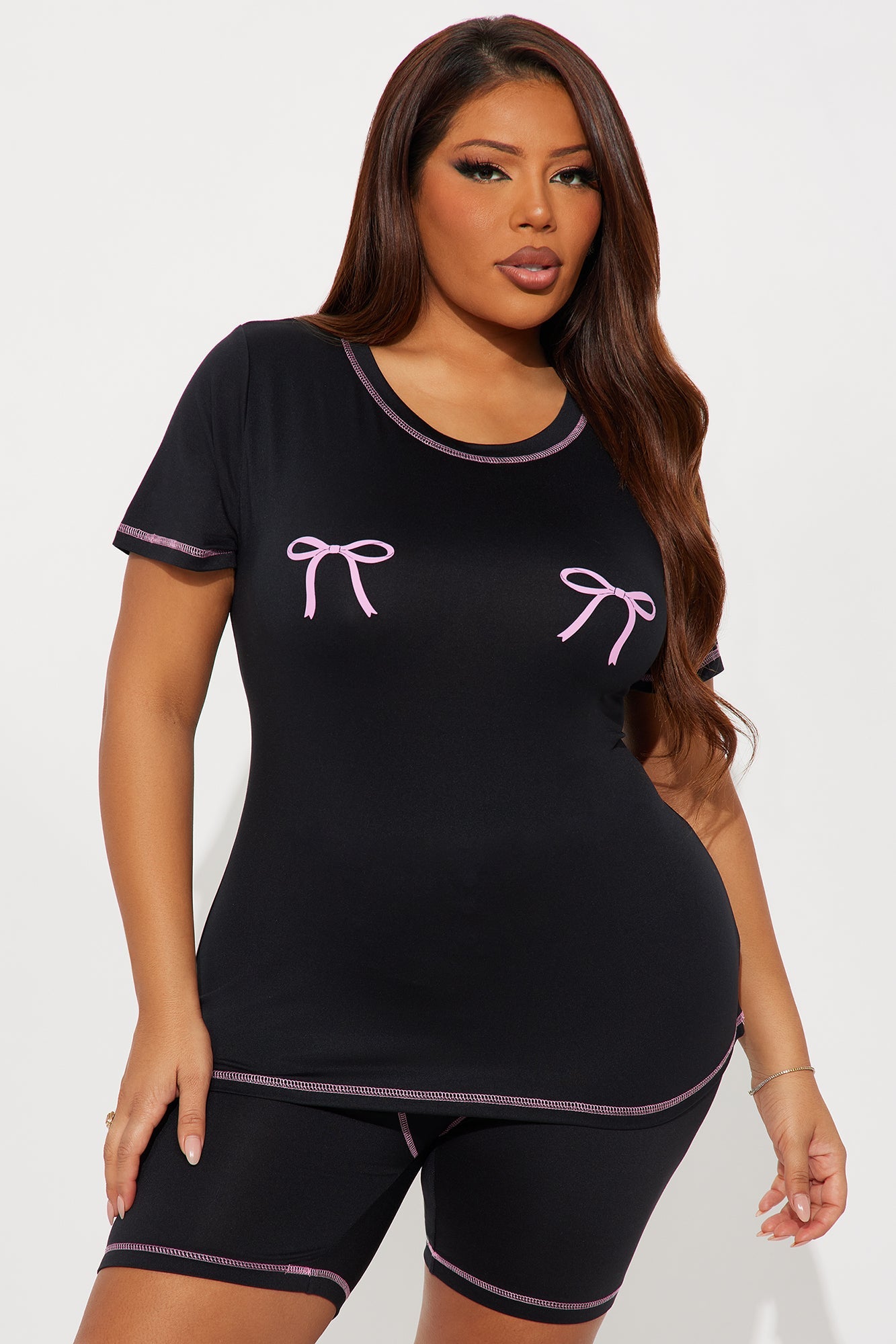 So Cute Bow PJ Boxer Short Set - Black/Pink