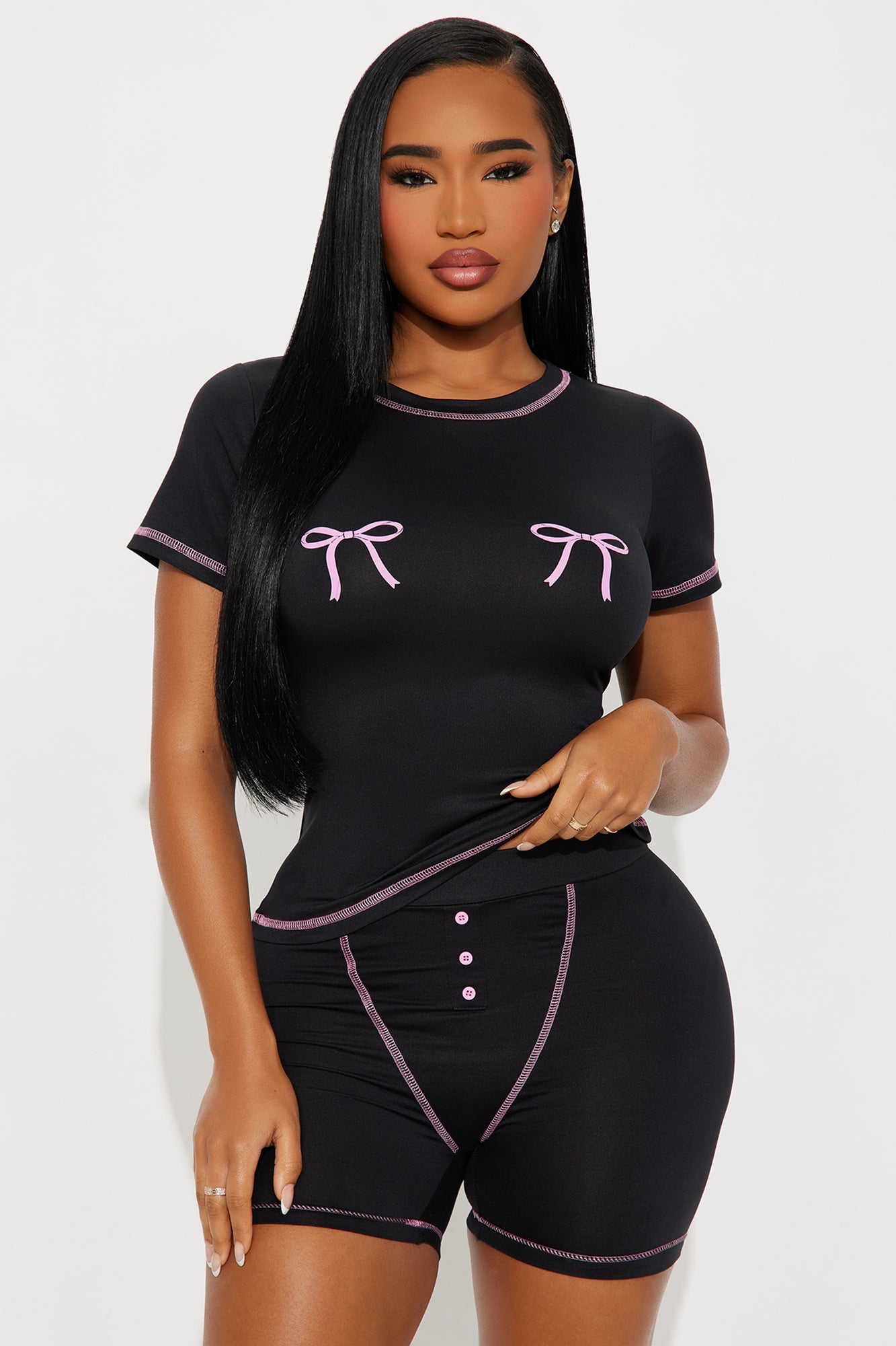 So Cute Bow PJ Boxer Short Set - Black/Pink