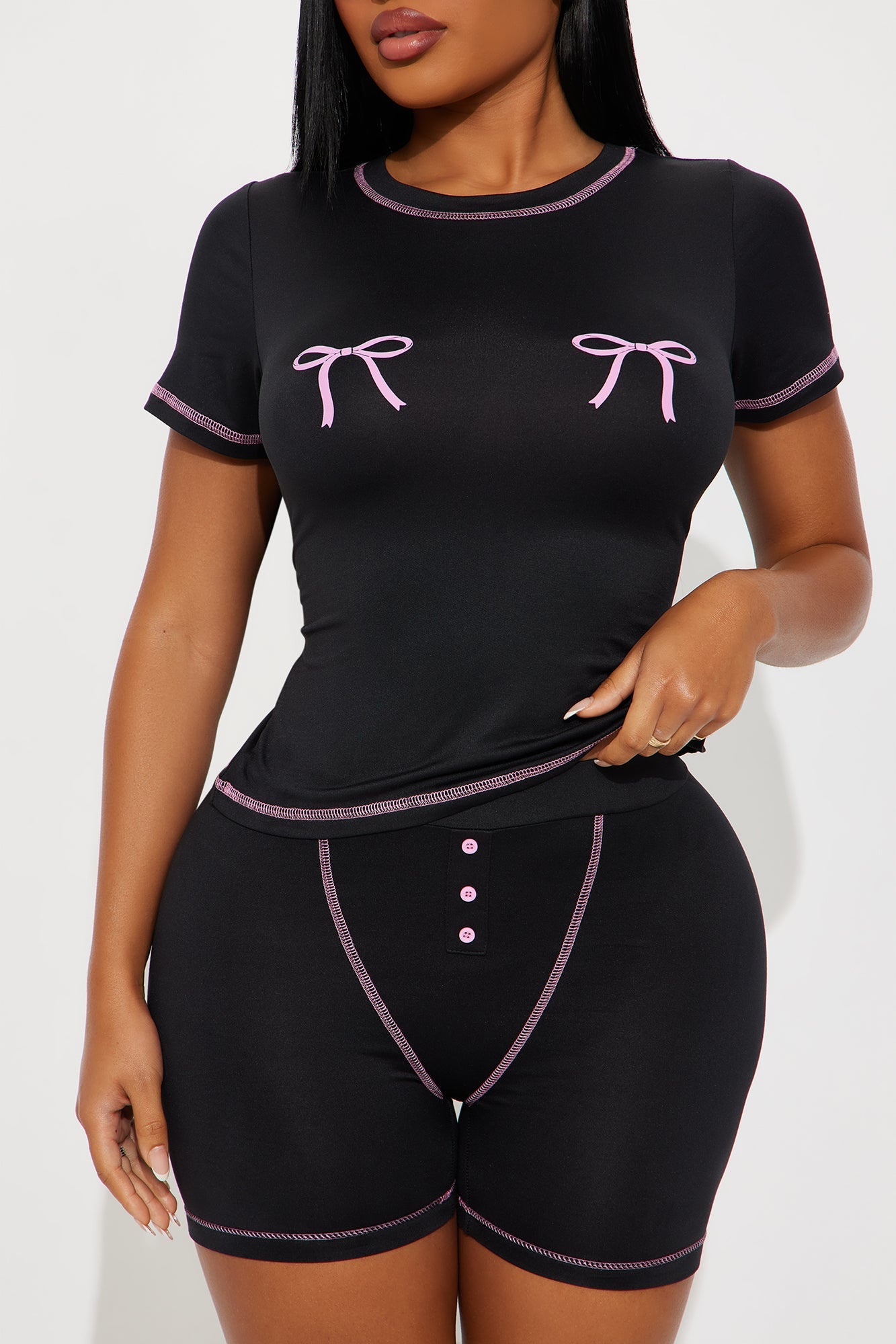 So Cute Bow PJ Boxer Short Set - Black/Pink