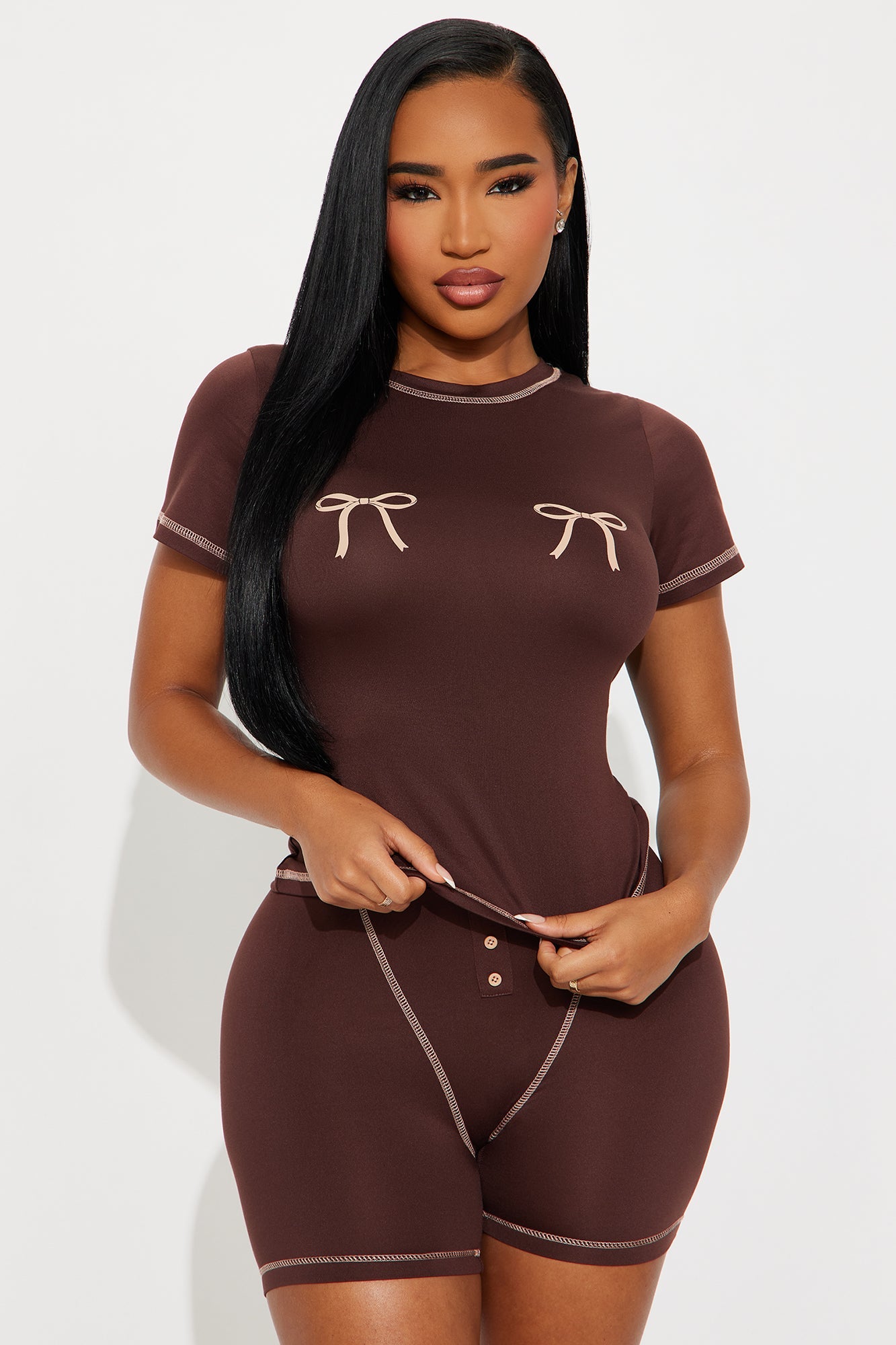 So Cute Bow PJ Boxer Short Set - Chocolate