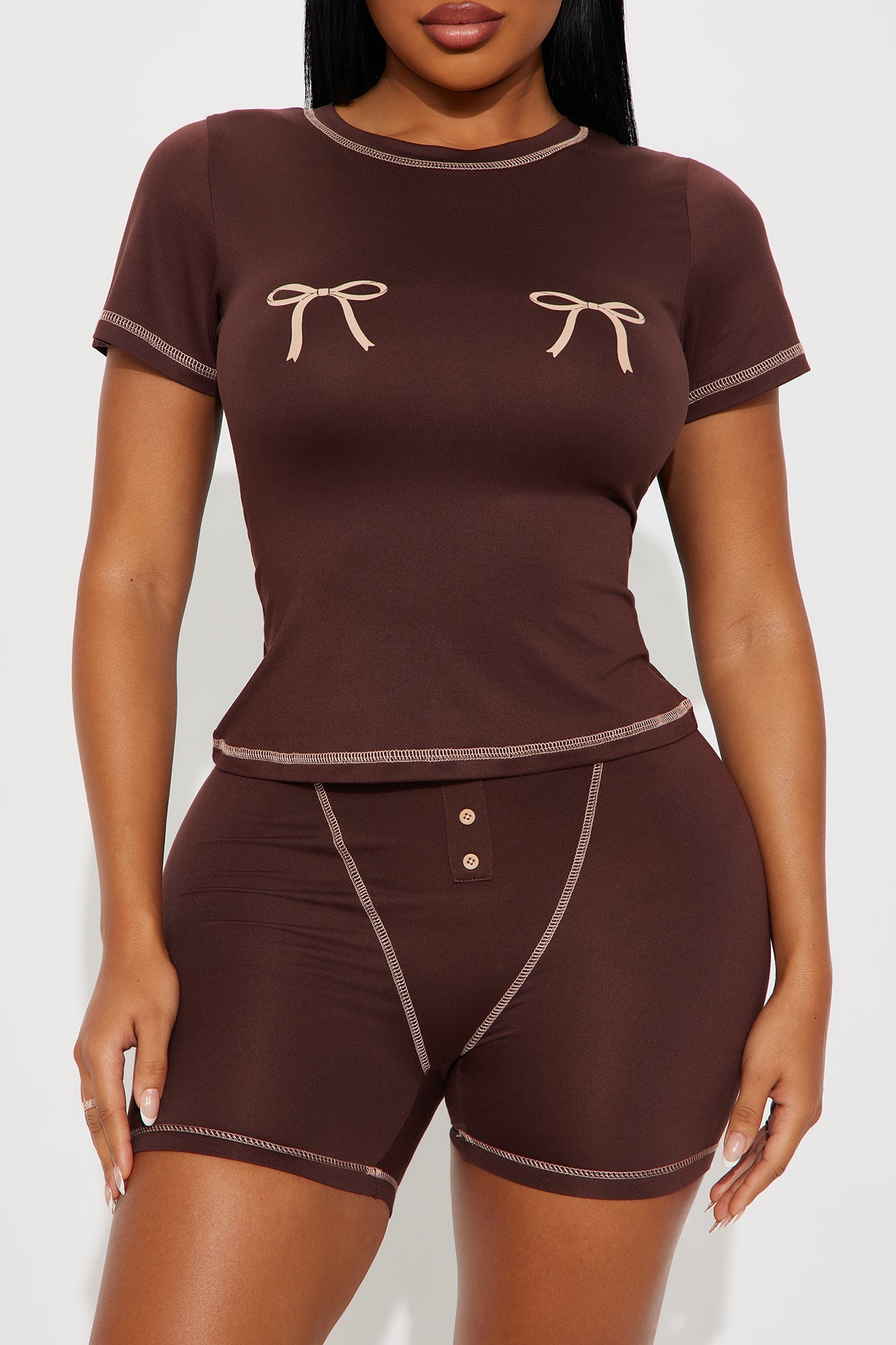 So Cute Bow PJ Boxer Short Set - Chocolate