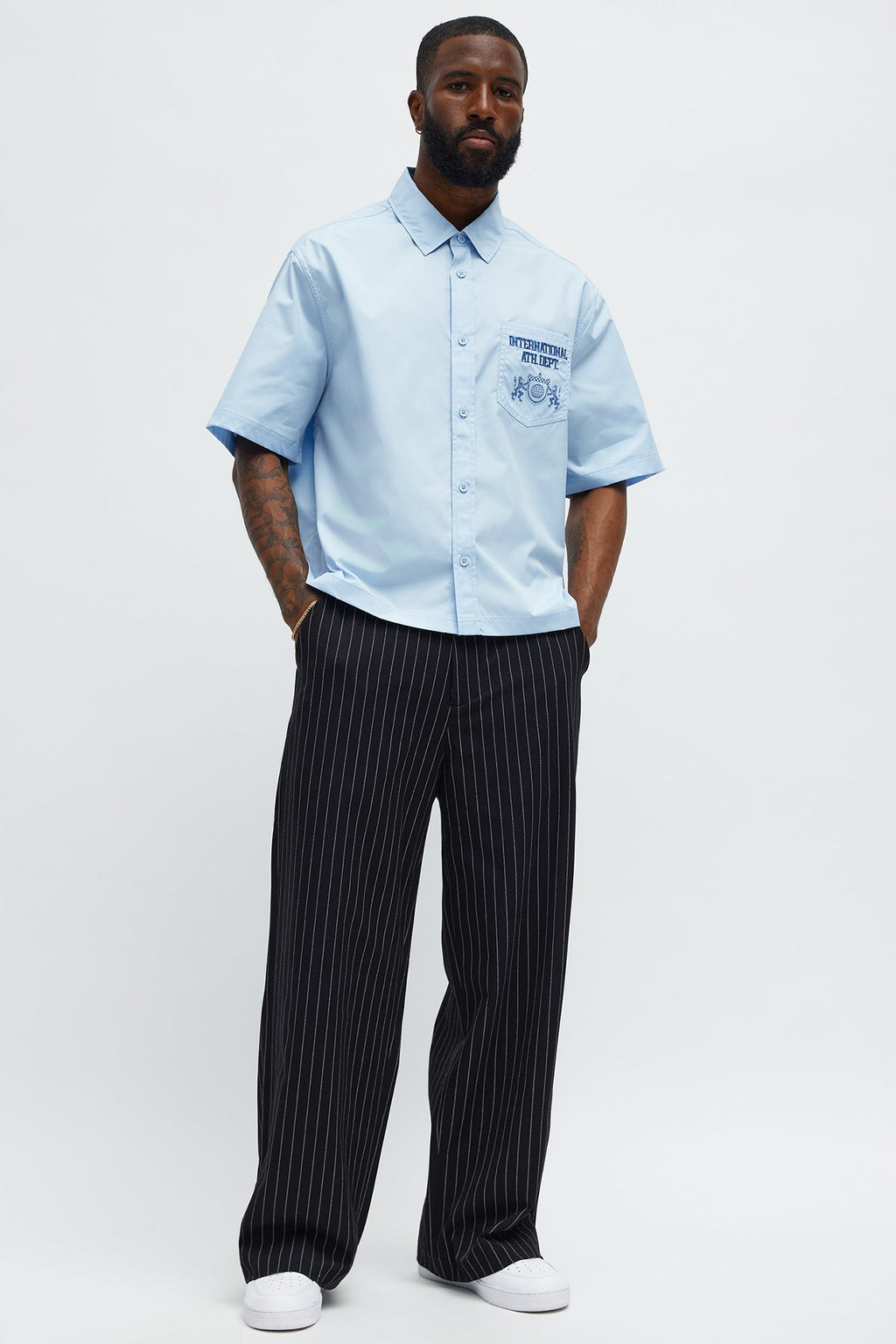 Cropped Athletic Dept. Short Sleeve Button Up Shirt - Blue