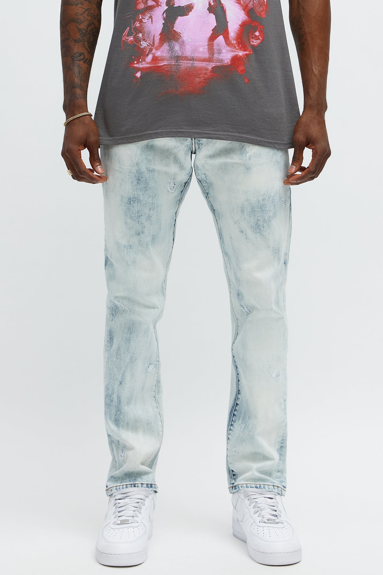 Skinny Fade Embroidered Bleached Jeans - Light Wash