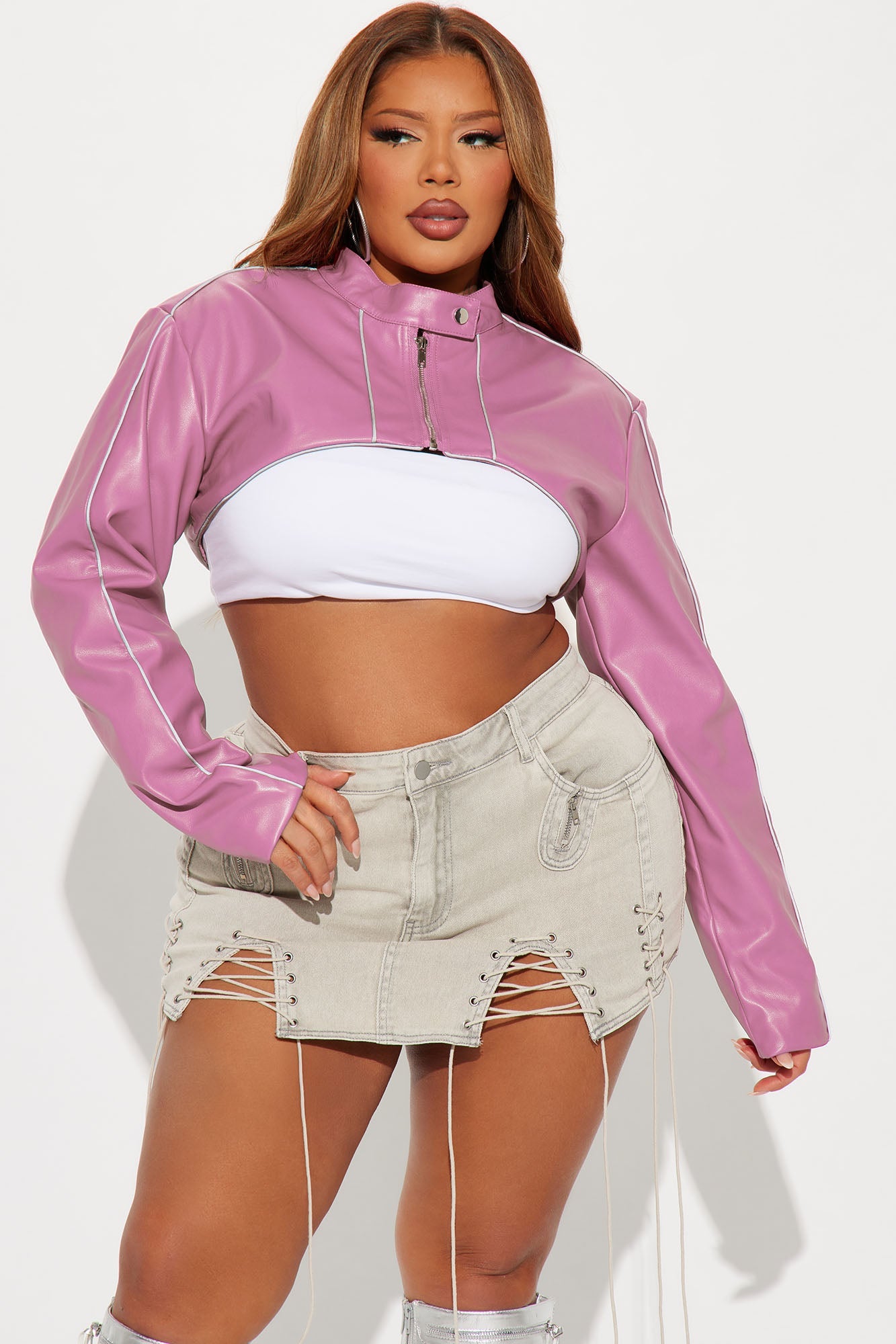 Jessie Faux Leather Cropped Bolero Jacket - Pink