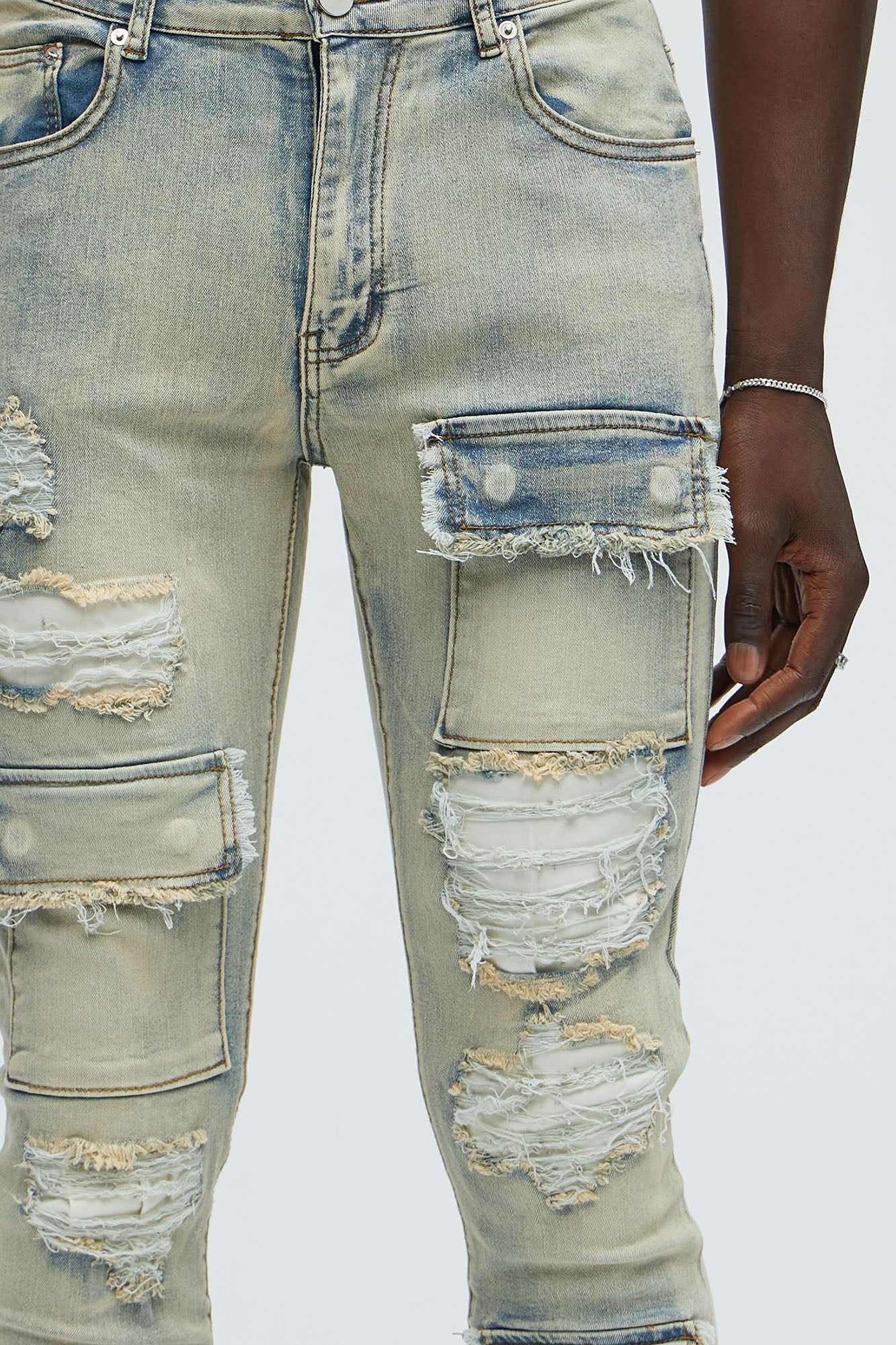 Get Started Cargo Stacked Skinny Flare Jeans - Medium Wash