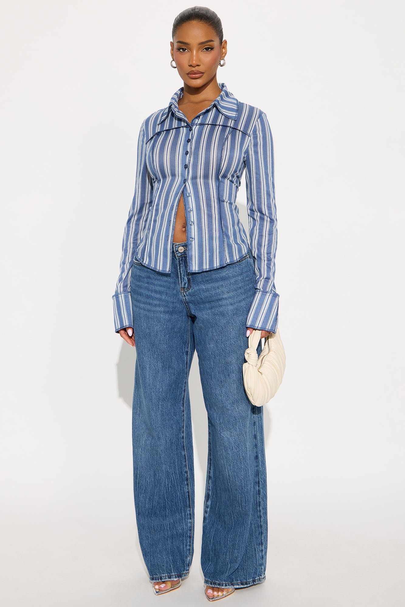 Optical Illusion Striped Long Sleeve Button Up Shirt - Blue/combo