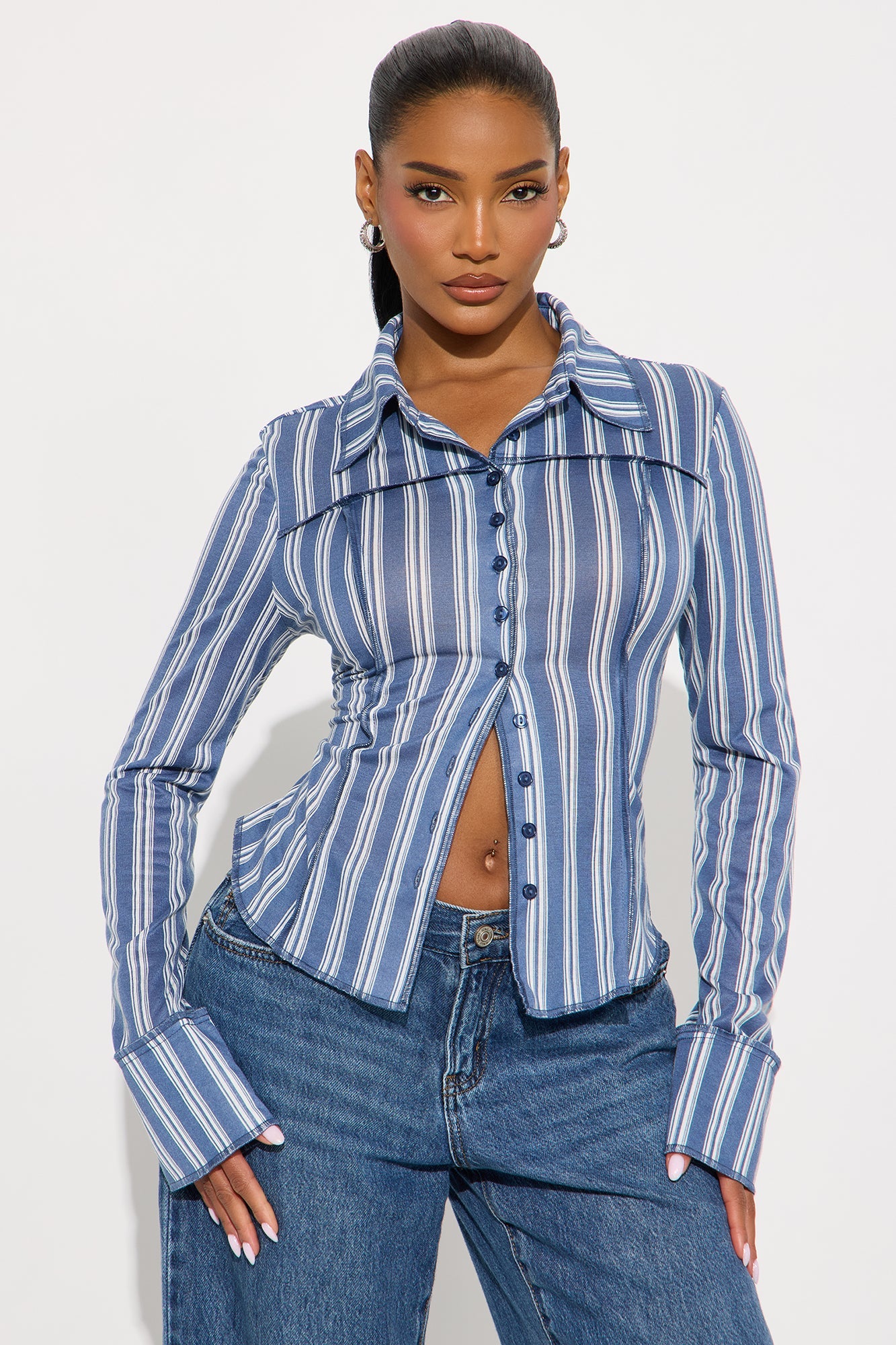 Optical Illusion Striped Long Sleeve Button Up Shirt - Blue/combo