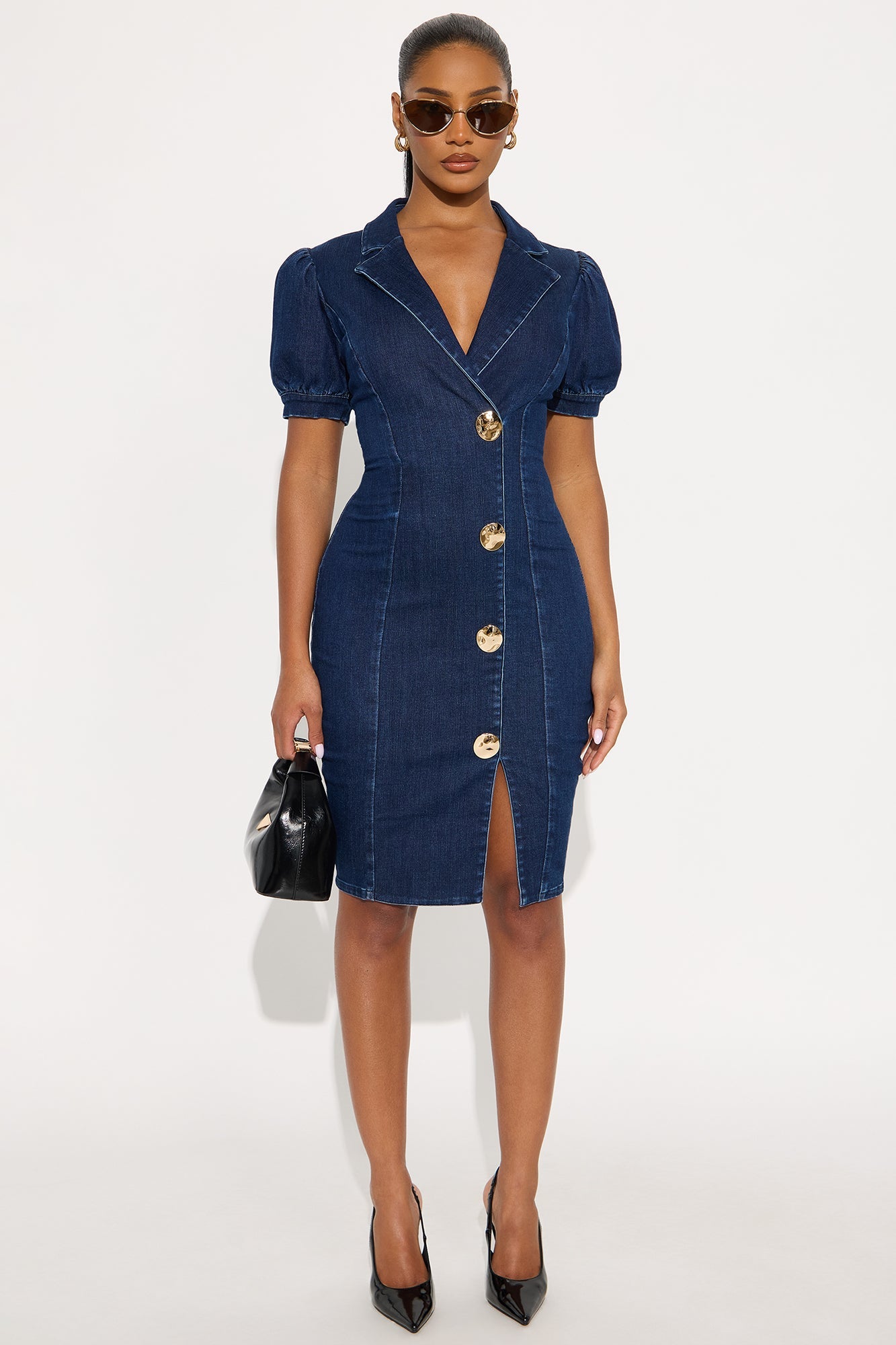 Mackenzie Collar Denim Midi Dress - Dark Denim