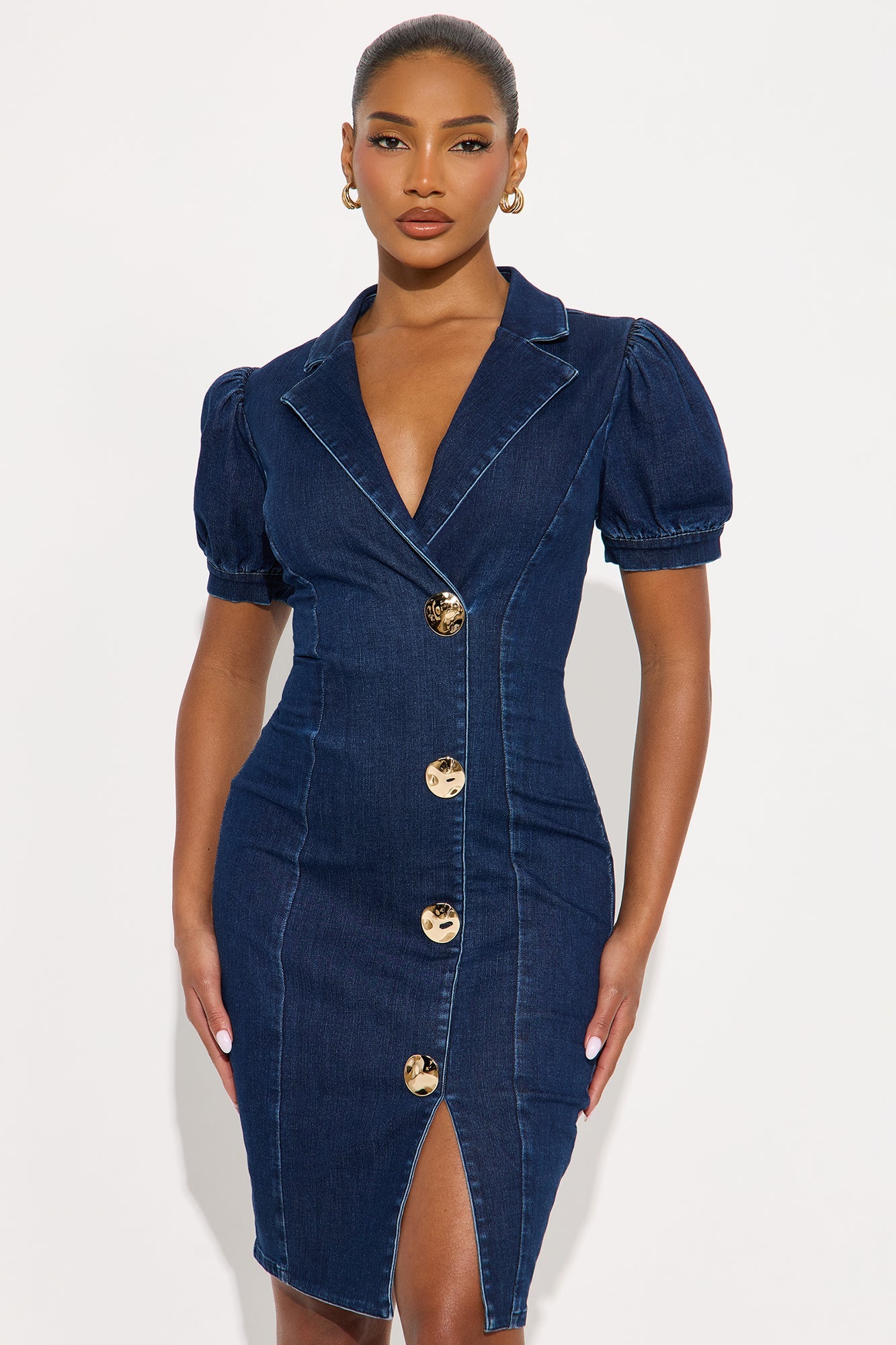 Mackenzie Collar Denim Midi Dress - Dark Denim