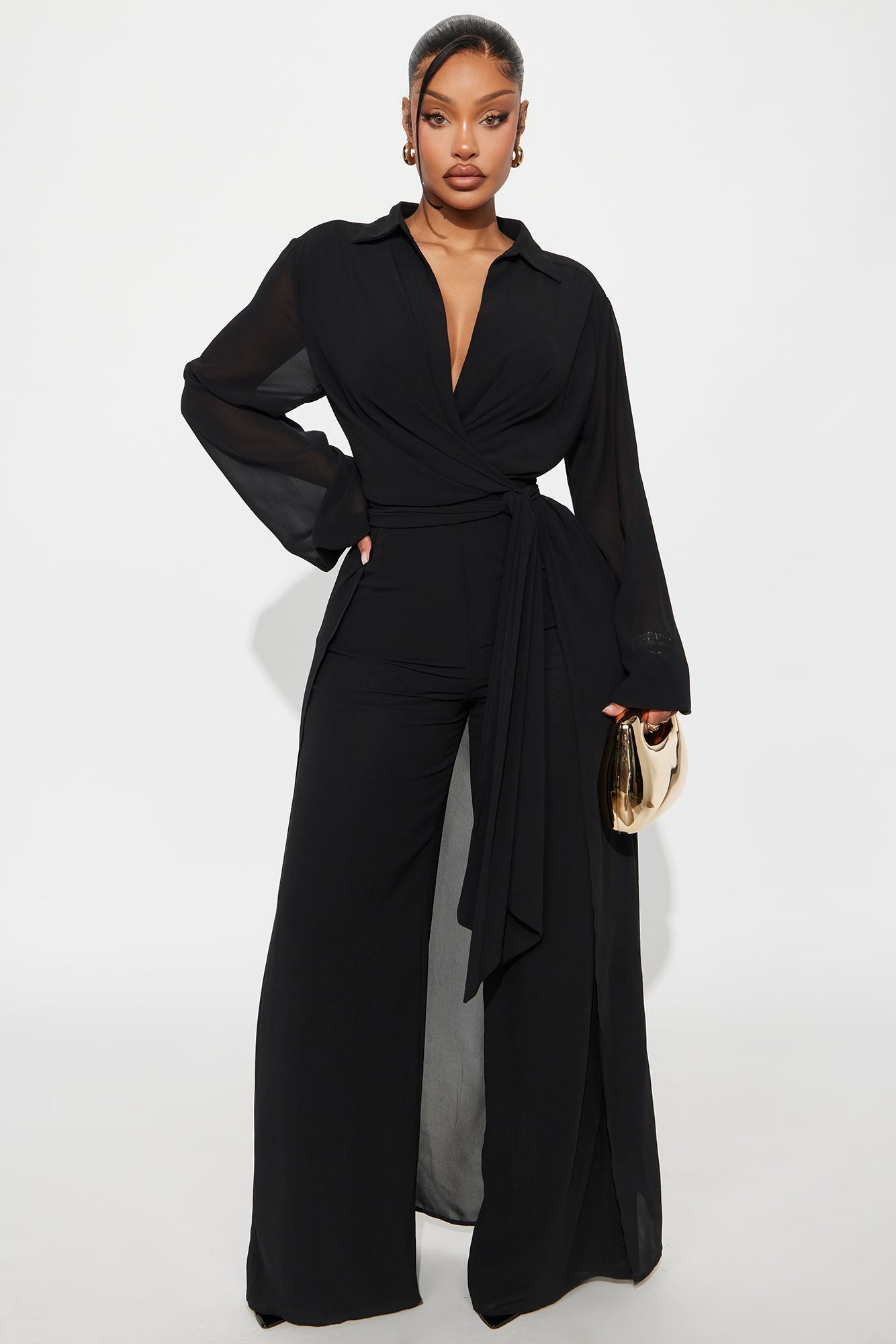 Alondra Chiffon Long Sleeve Jumpsuit - Black