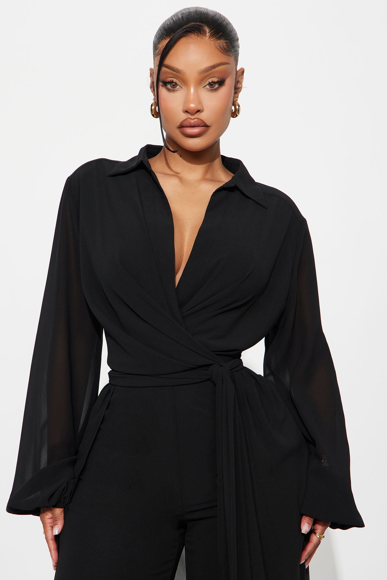 Alondra Chiffon Long Sleeve Jumpsuit - Black