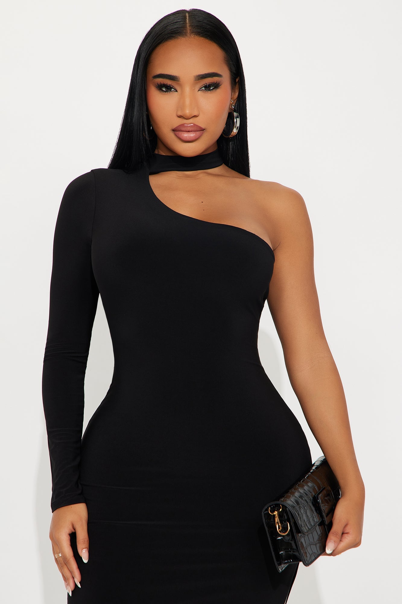 Gleaming One Shoulder Mini Dress - Black