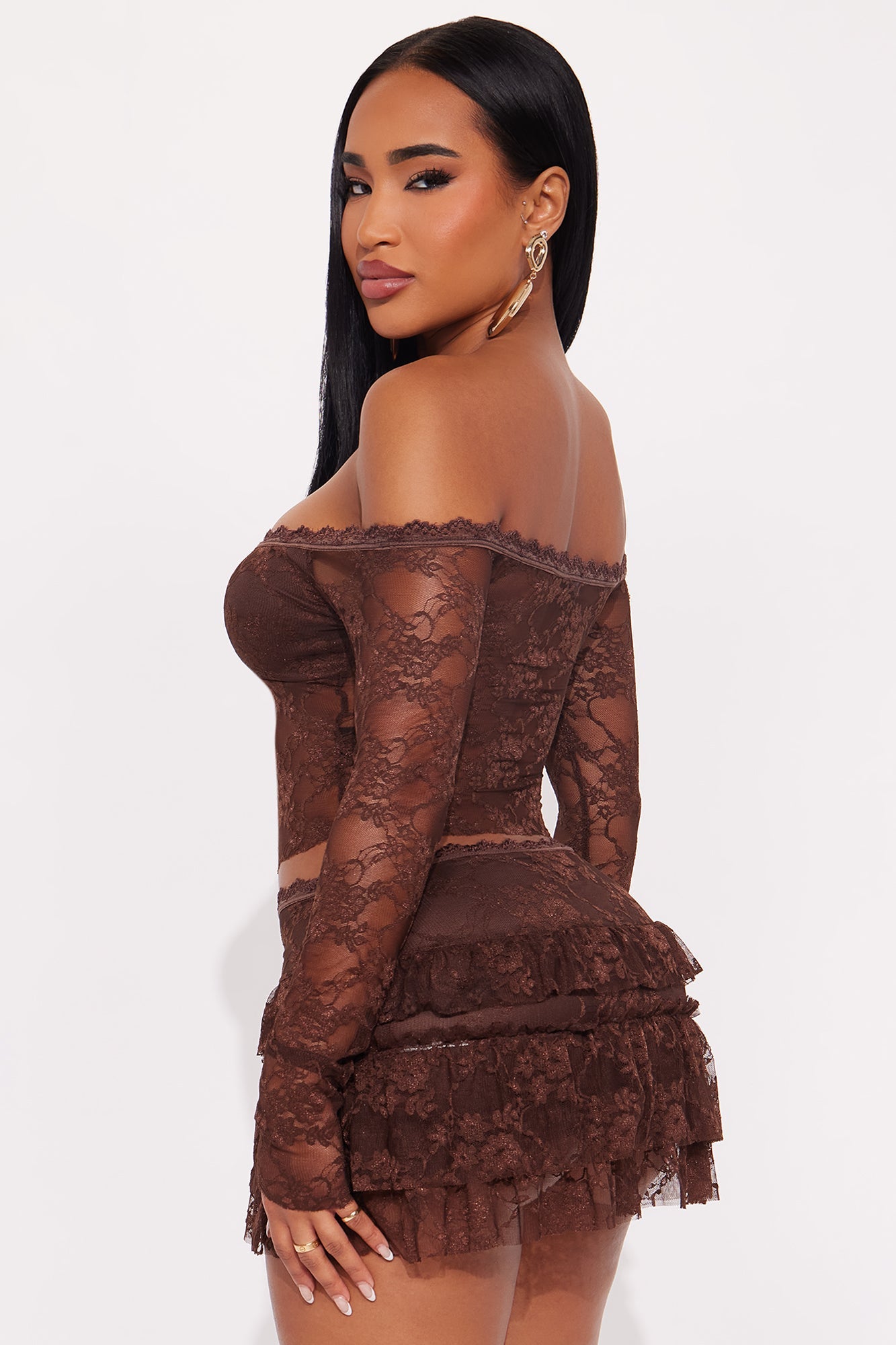 Adryana Ruffled Lace Skirt Set - Chocolate