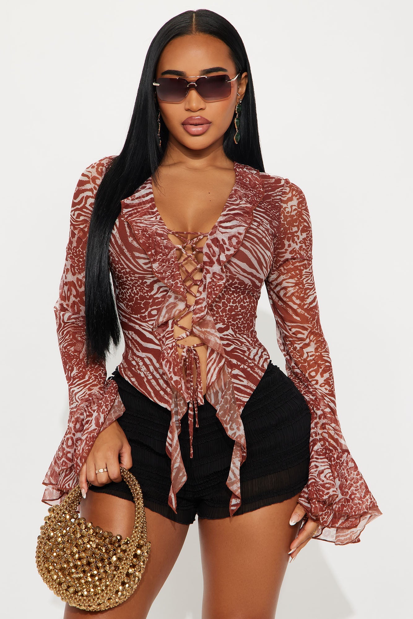 Retreat Ruffle Long Sleeve Mesh Top - Leopard