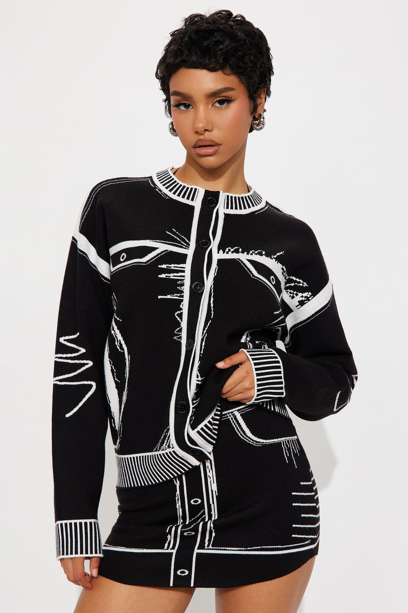 Double Take Cardigan Skirt Set - Black/White