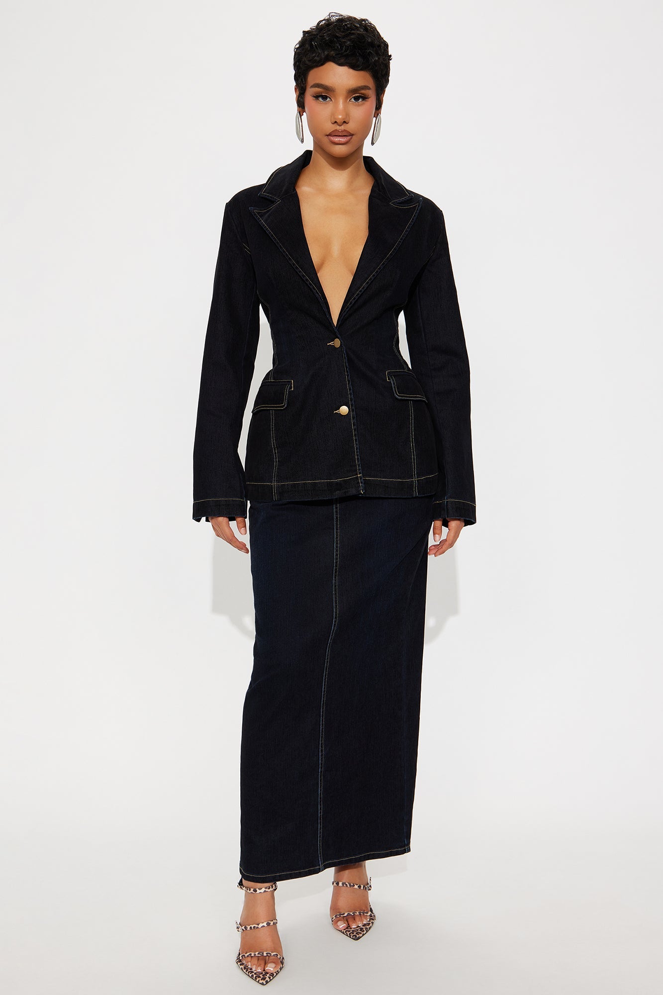 Gina Flocked Denim Maxi Skirt - Dark Denim