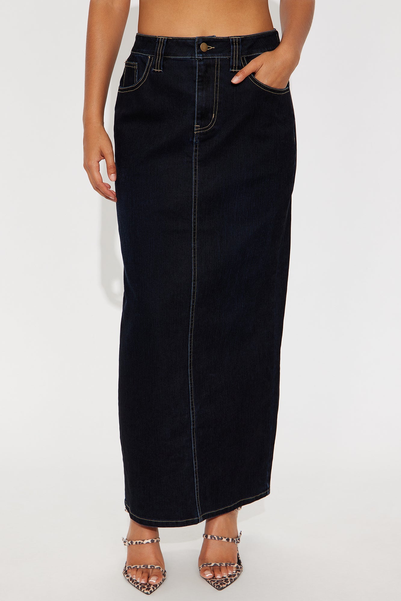 Gina Flocked Denim Maxi Skirt - Dark Denim
