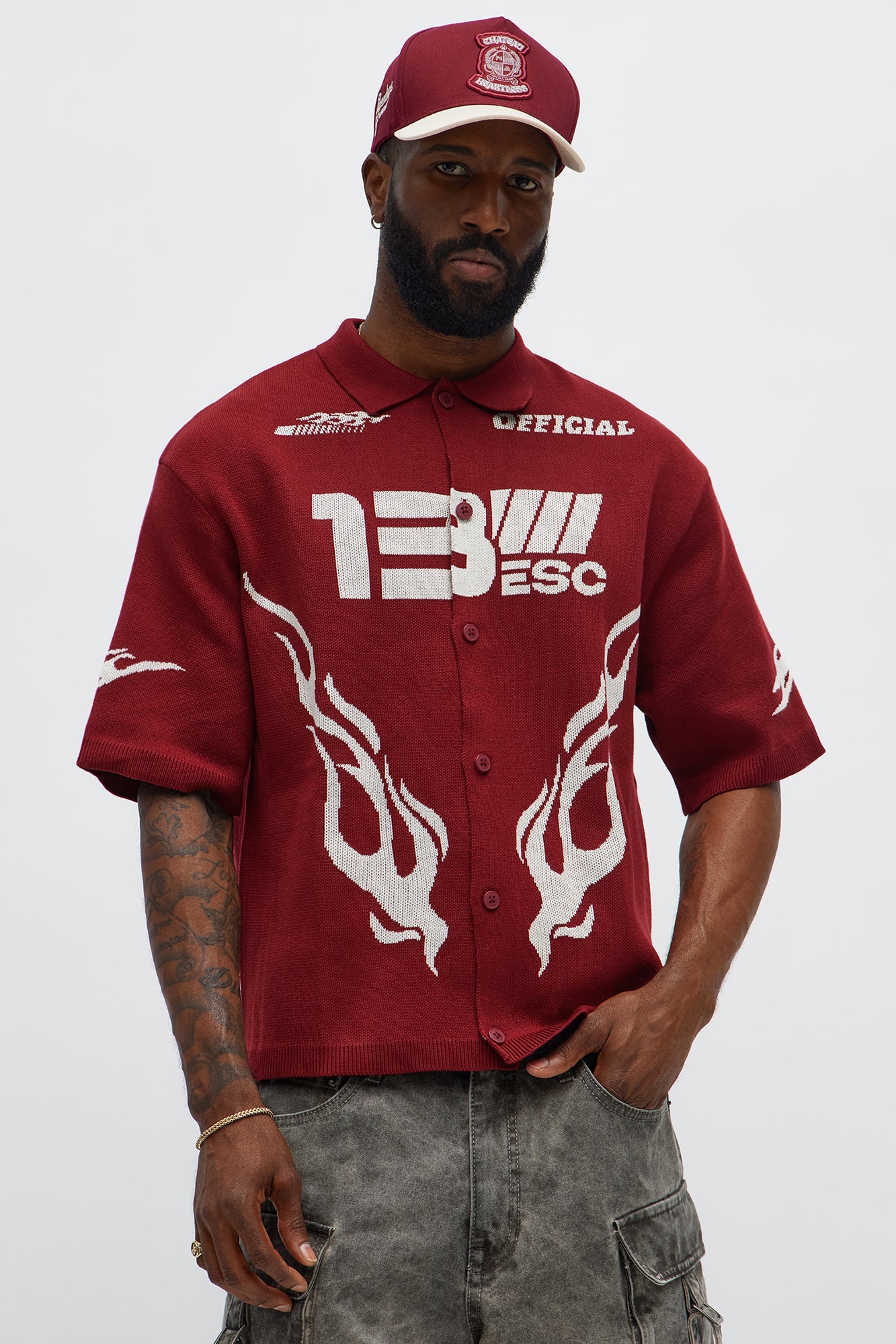 Regular Fit 13 Button Up Sweater Shirt - Red/White