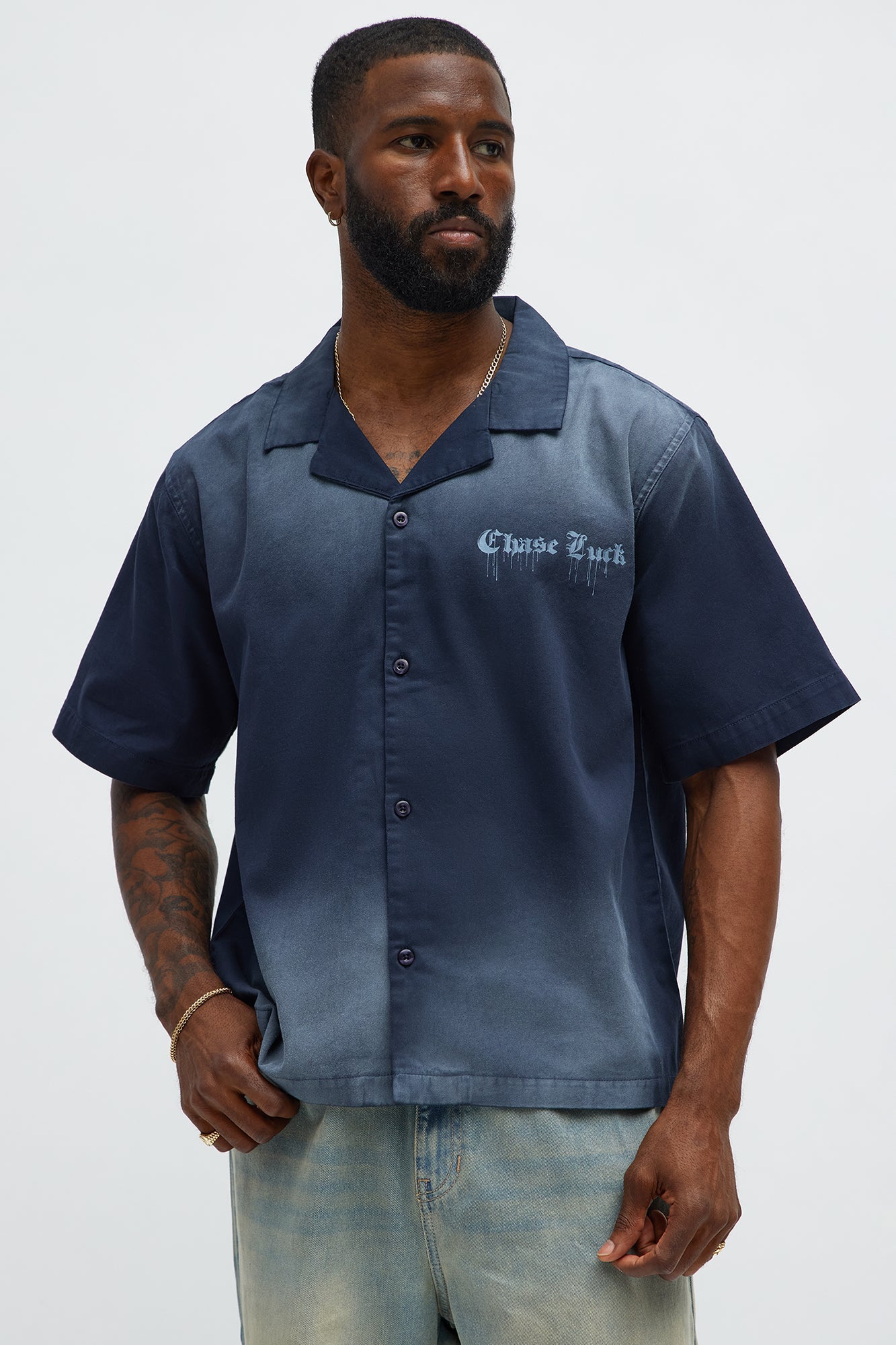Chase Luck Washed Fabric Button Up Shirt - Black