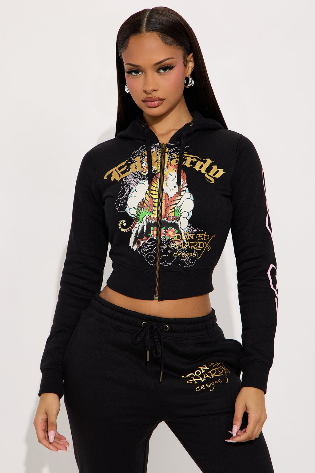 Ed Hardy Tiger Cliff Zip Up Hoodie - Black