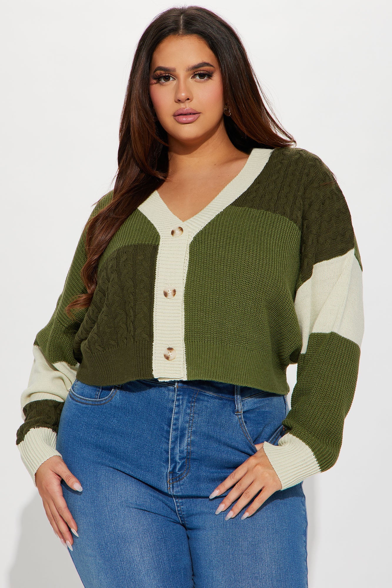 Good Form Cropped Color Block Sweater - Olive/combo