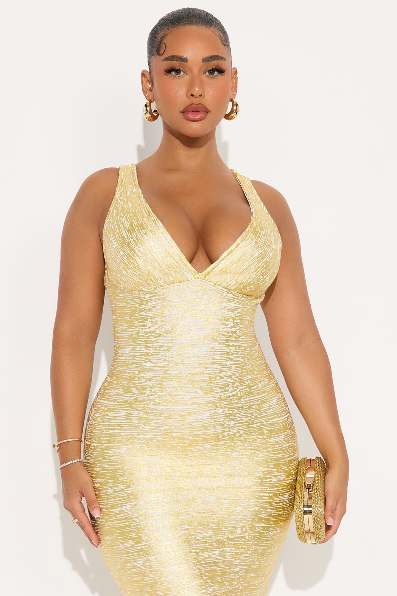 Alina Allure Metallic Bandage Midi Dress - White/Gold