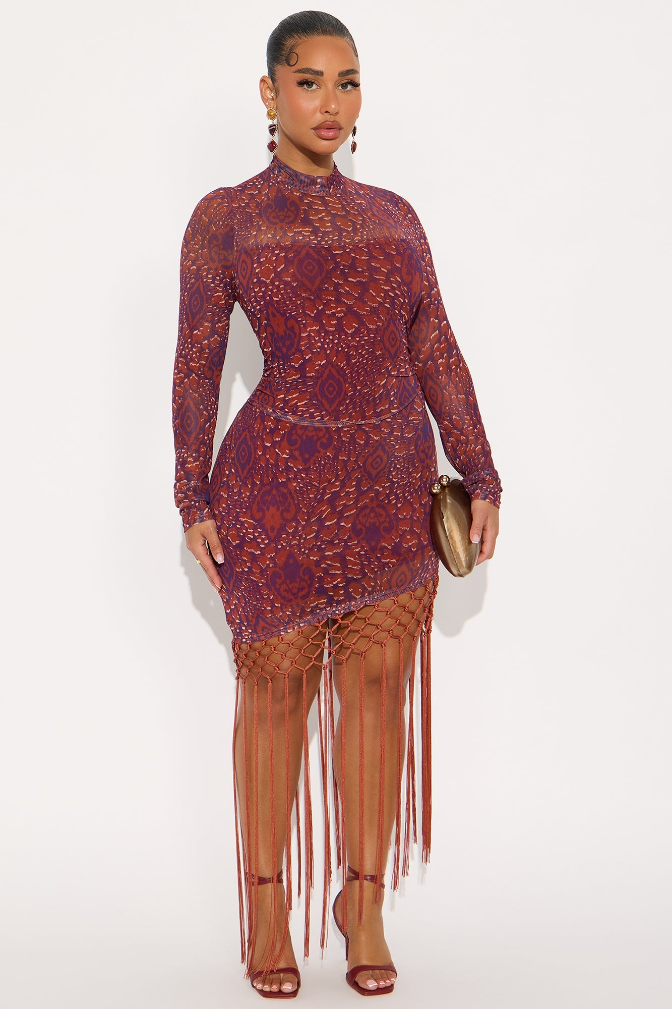 Karelle Mesh Fringe Mini Dress - Red/combo