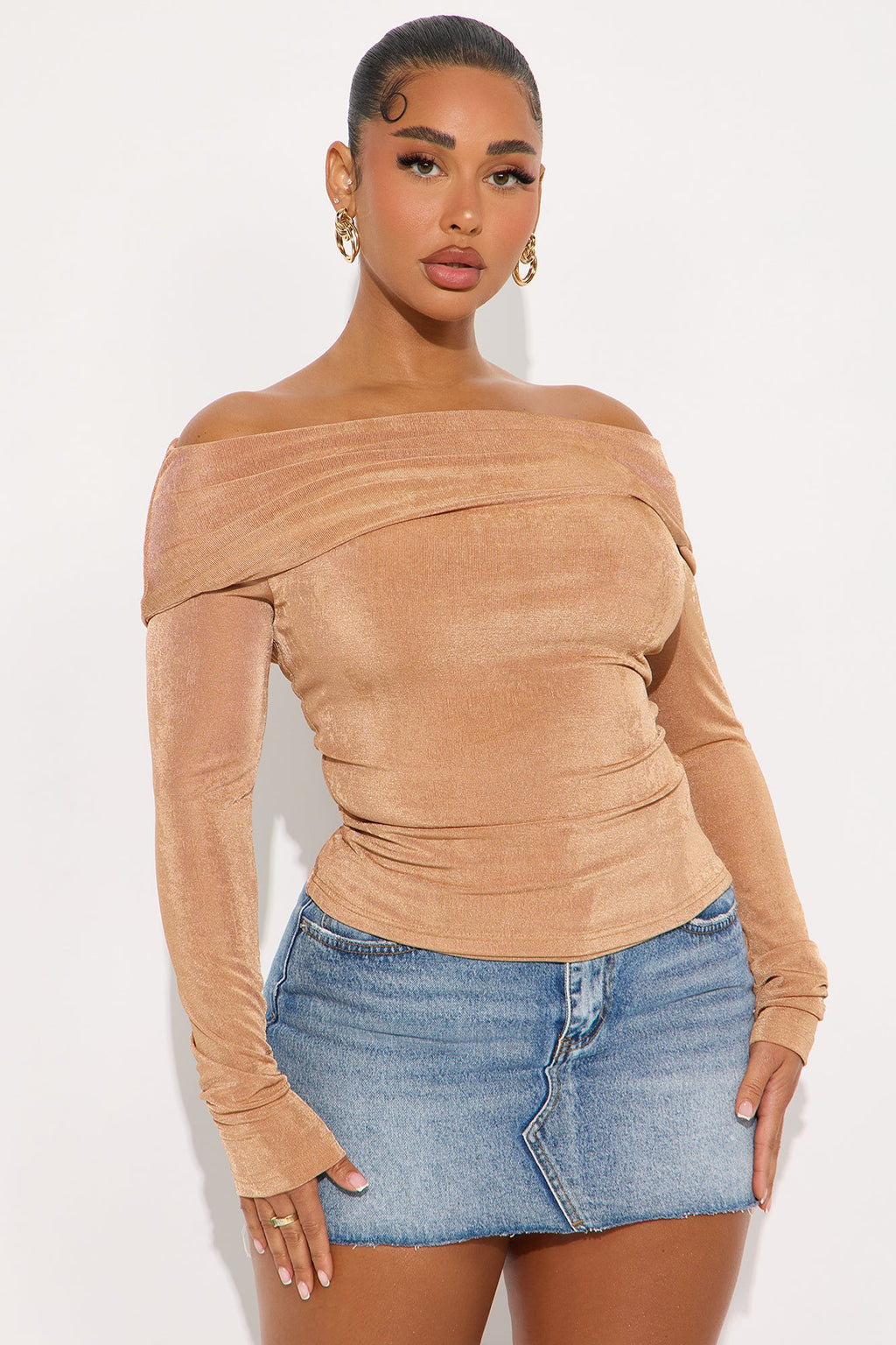 Parisian Long Sleeve Off Shoulder Top - Mocha