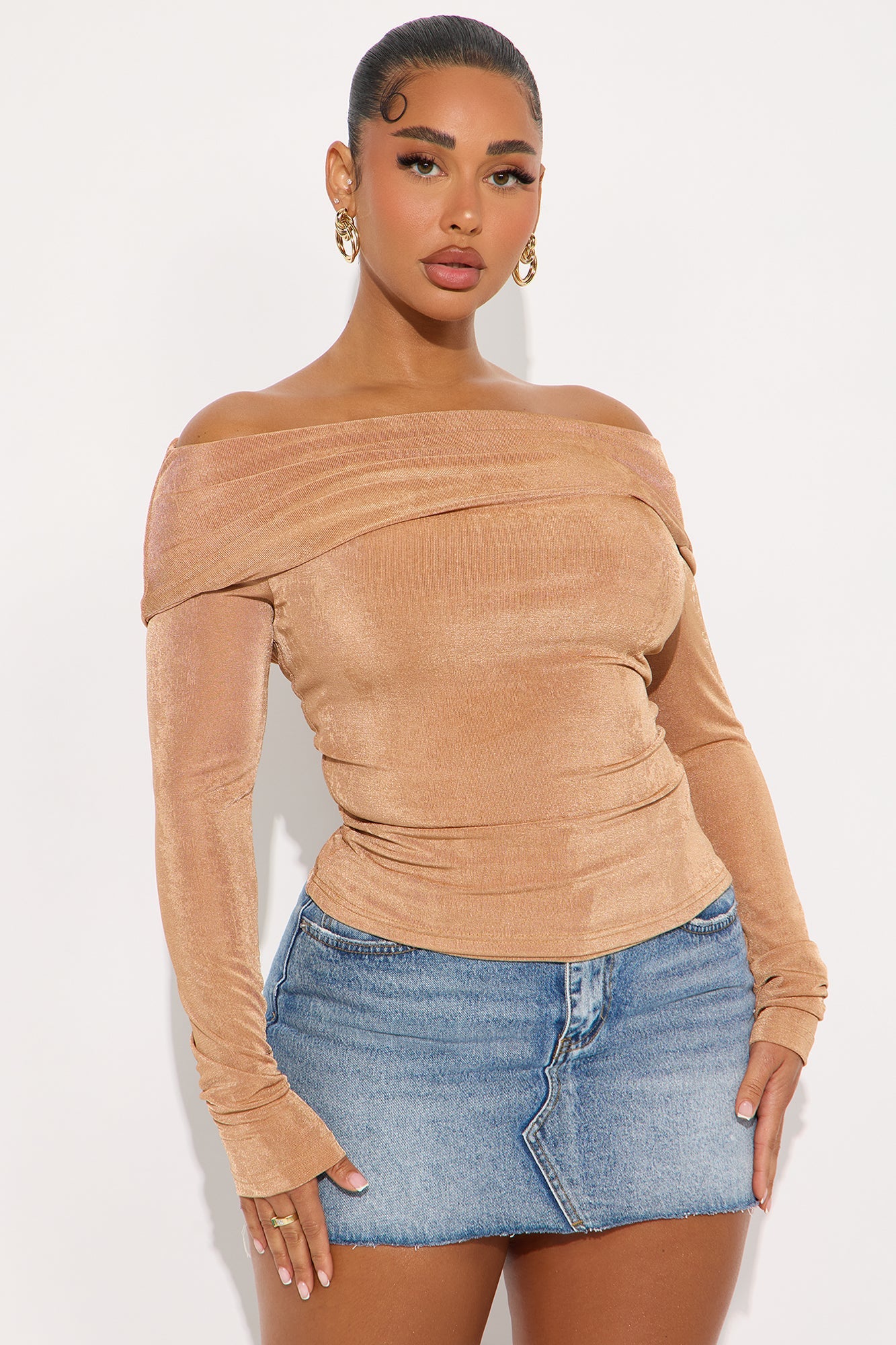 Parisian Long Sleeve Off Shoulder Top - Mocha
