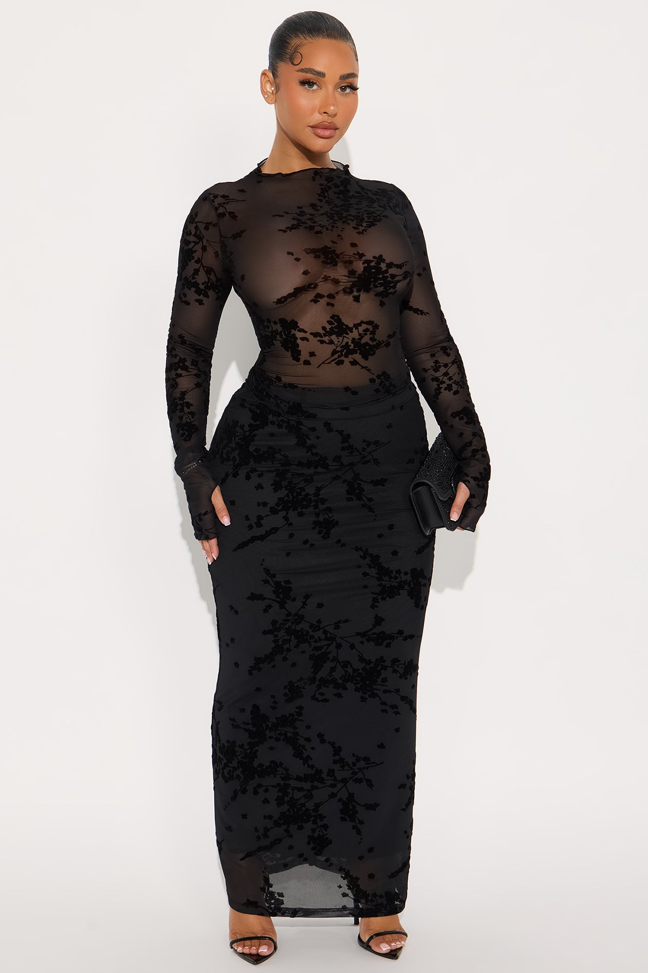 It Girl Mesh Long Sleeve Maxi Skirt Set - Black