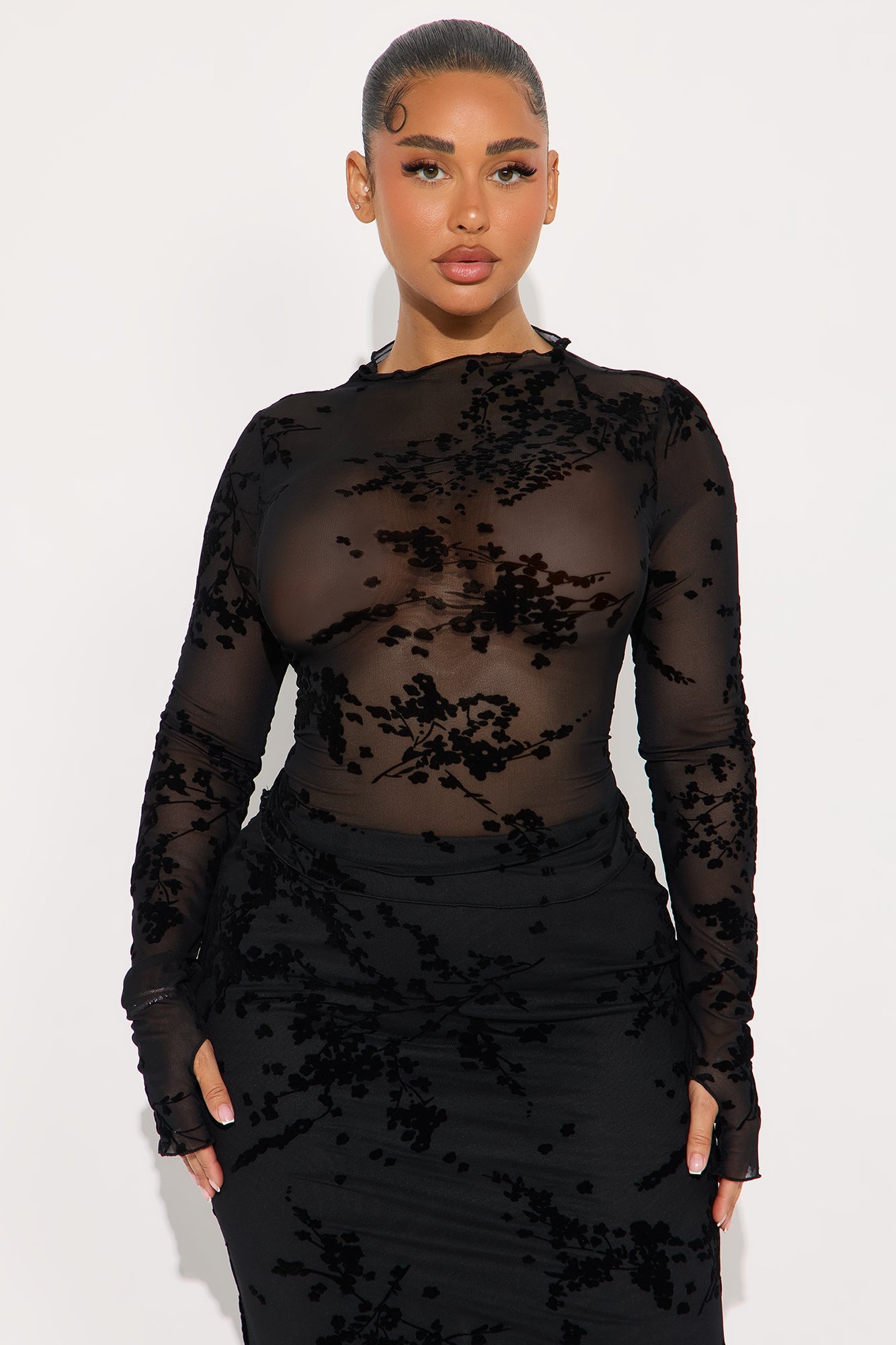 It Girl Mesh Long Sleeve Maxi Skirt Set - Black